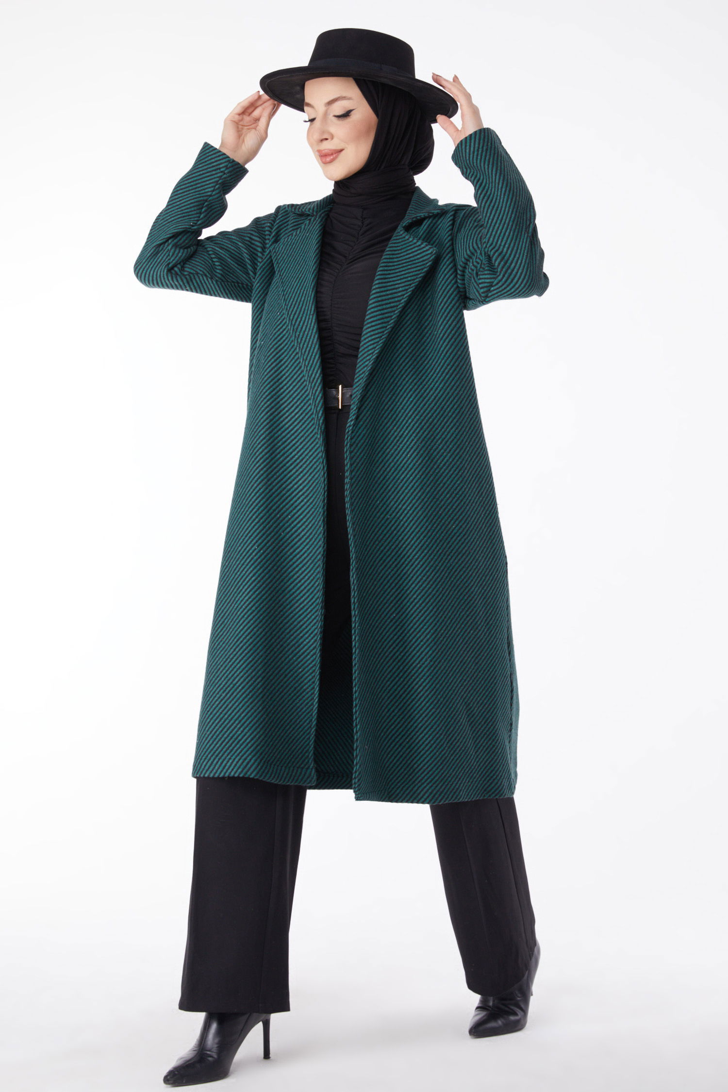 13115-ZUMRUT Kuşaklı Kaşe Kaban - 3