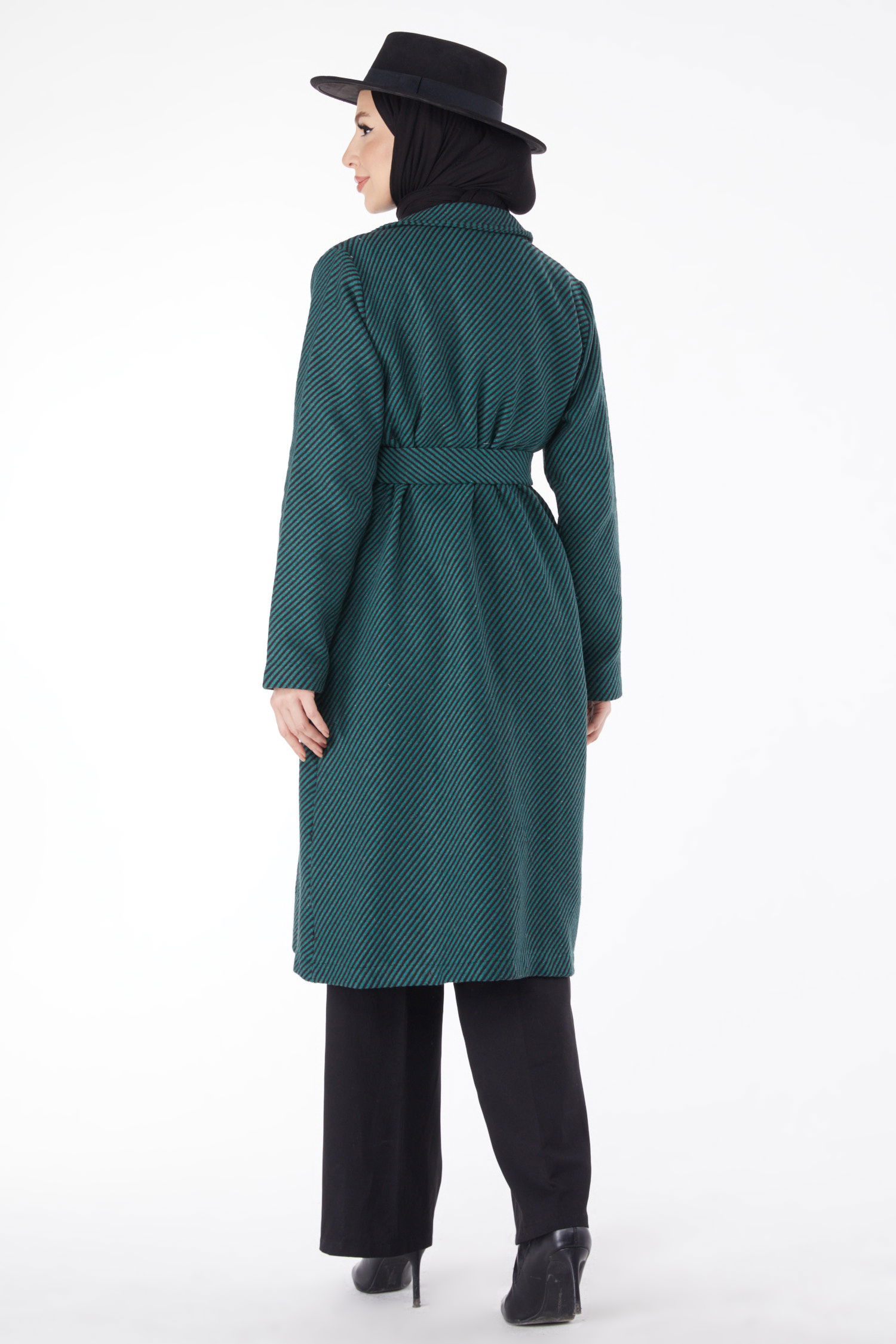 13115-ZUMRUT Kuşaklı Kaşe Kaban - 4