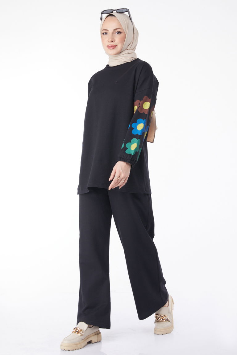 Uzun Kollu Baskılı Eşofman Takımı Siyah - 13128 - TOFİSA