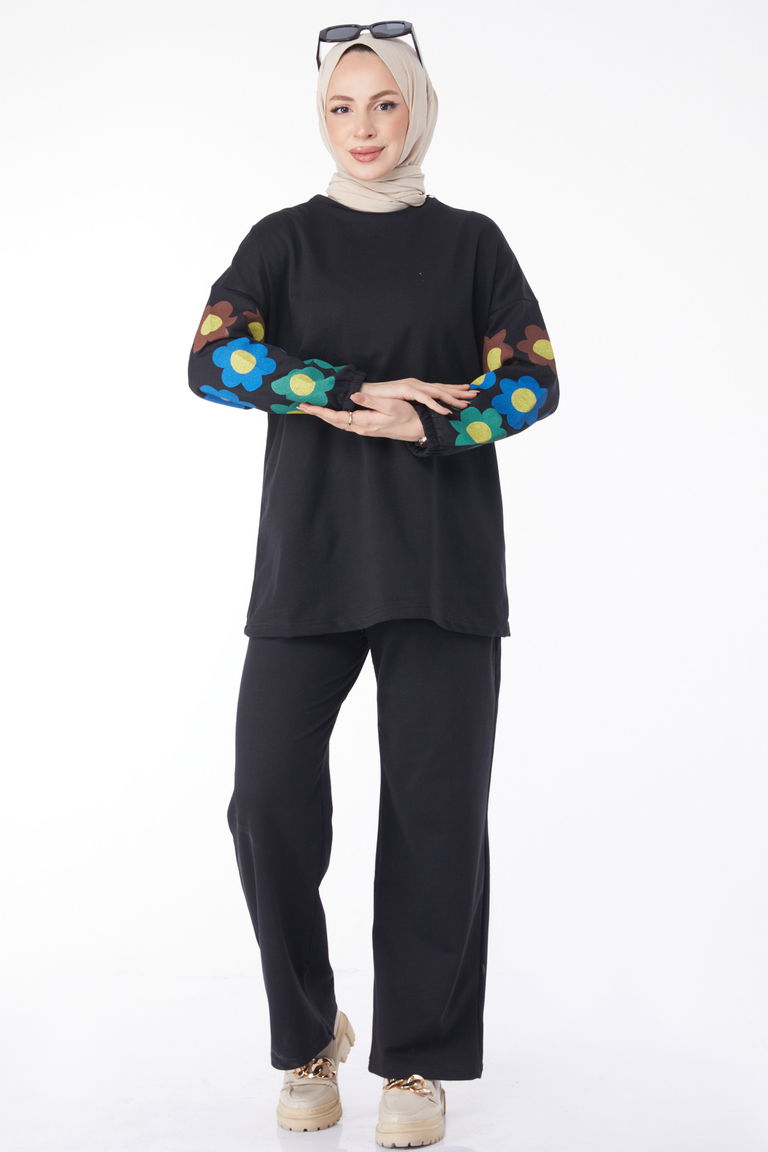 Uzun Kollu Baskılı Eşofman Takımı Siyah - 13128 - TOFİSA