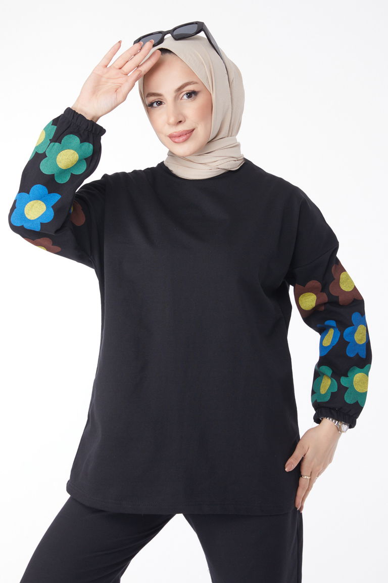 Uzun Kollu Baskılı Eşofman Takımı Siyah - 13128 - TOFİSA