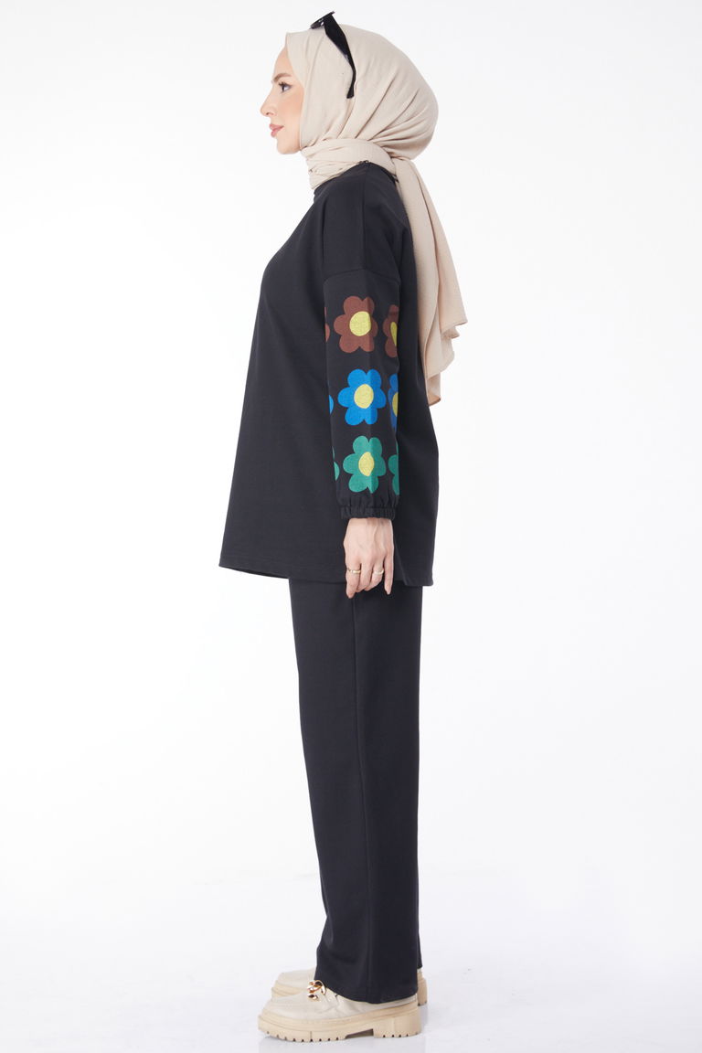 Uzun Kollu Baskılı Eşofman Takımı Siyah - 13128 - TOFİSA