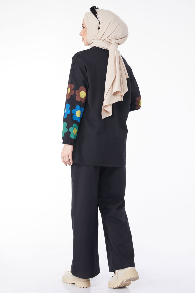 Uzun Kollu Baskılı Eşofman Takımı Siyah - 13128 - TOFİSA