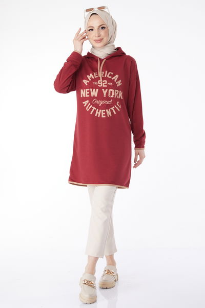 Önü Baskılı Sweatshirt Bordo - 13130 