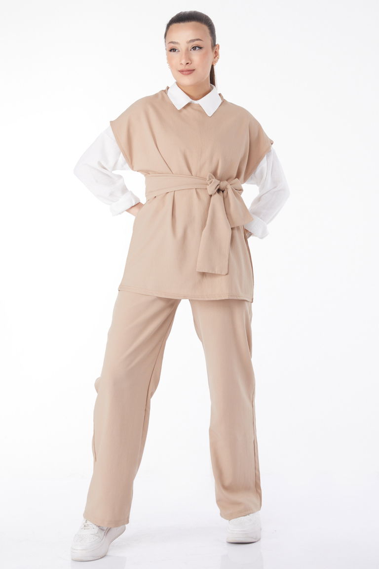 13133-BEJ Bisiklet Yaka Kısa Kollu İkili Takım - TOFİSA