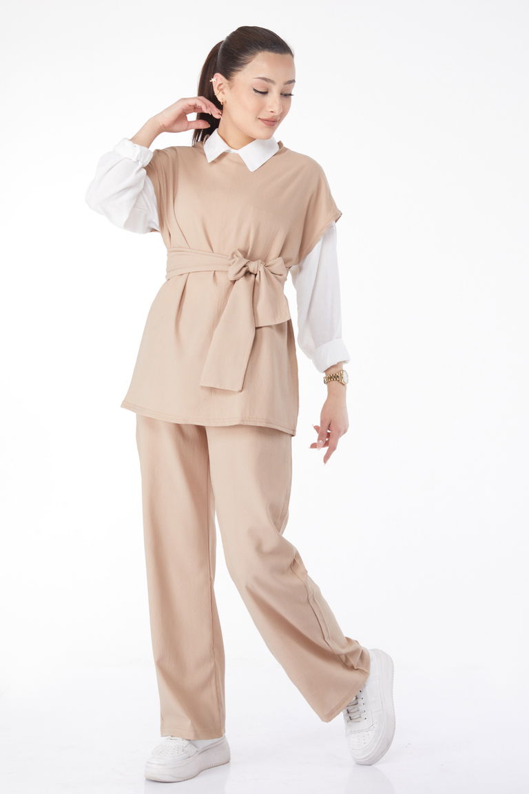 13133-BEJ Bisiklet Yaka Kısa Kollu İkili Takım - TOFİSA