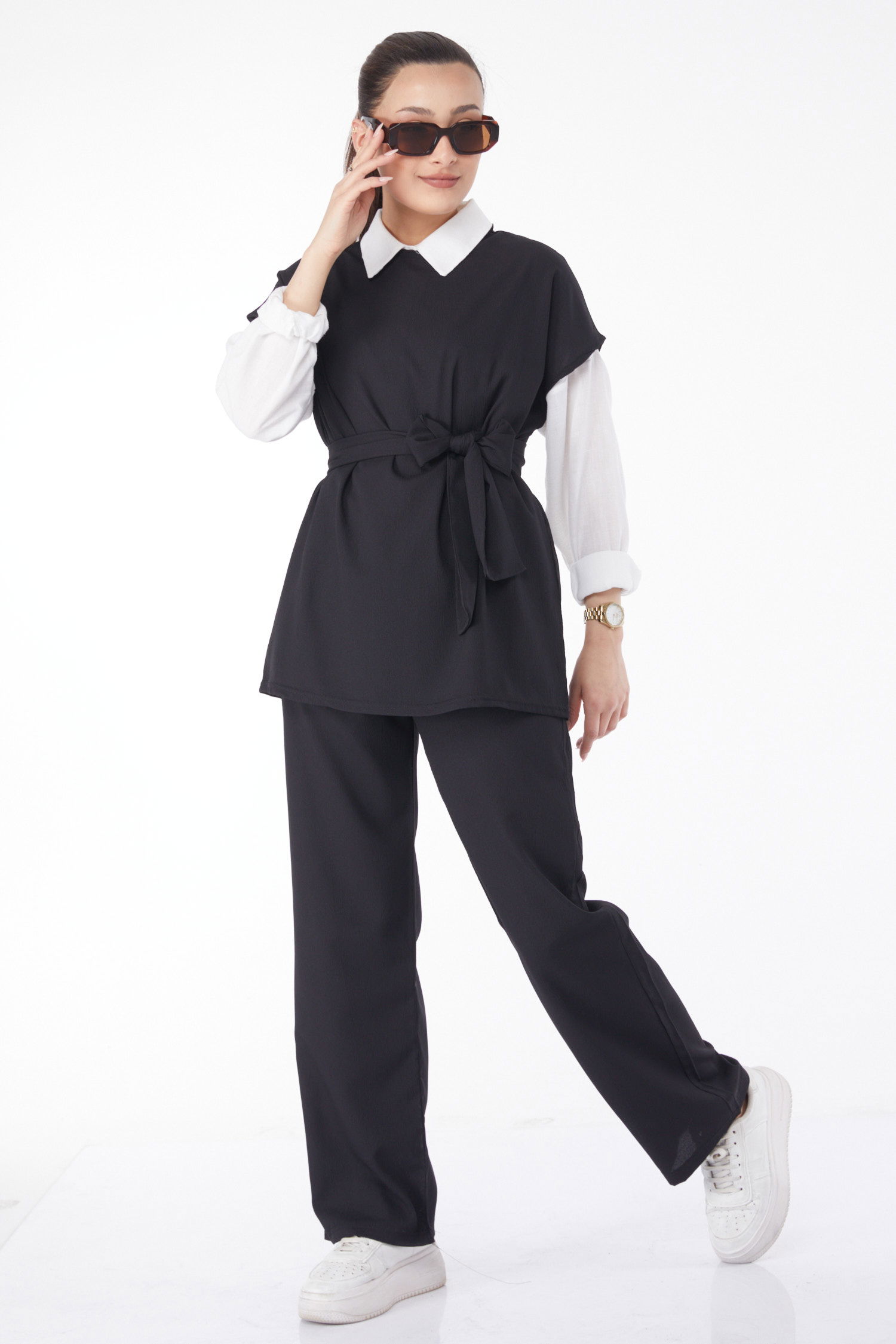 13133-SIYAH Bisiklet Yaka Kısa Kollu İkili Takım - 14