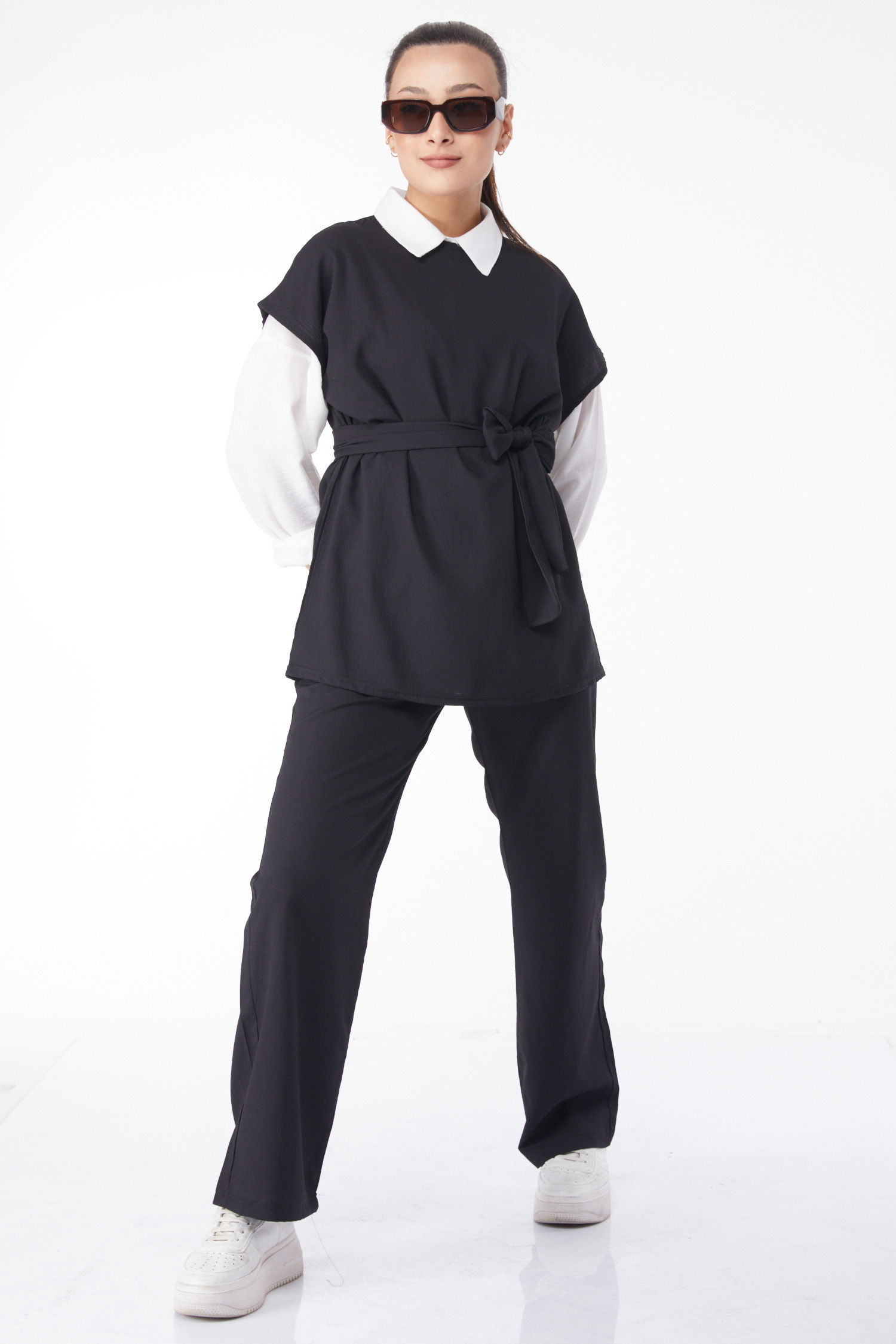 13133-SIYAH Bisiklet Yaka Kısa Kollu İkili Takım - 9