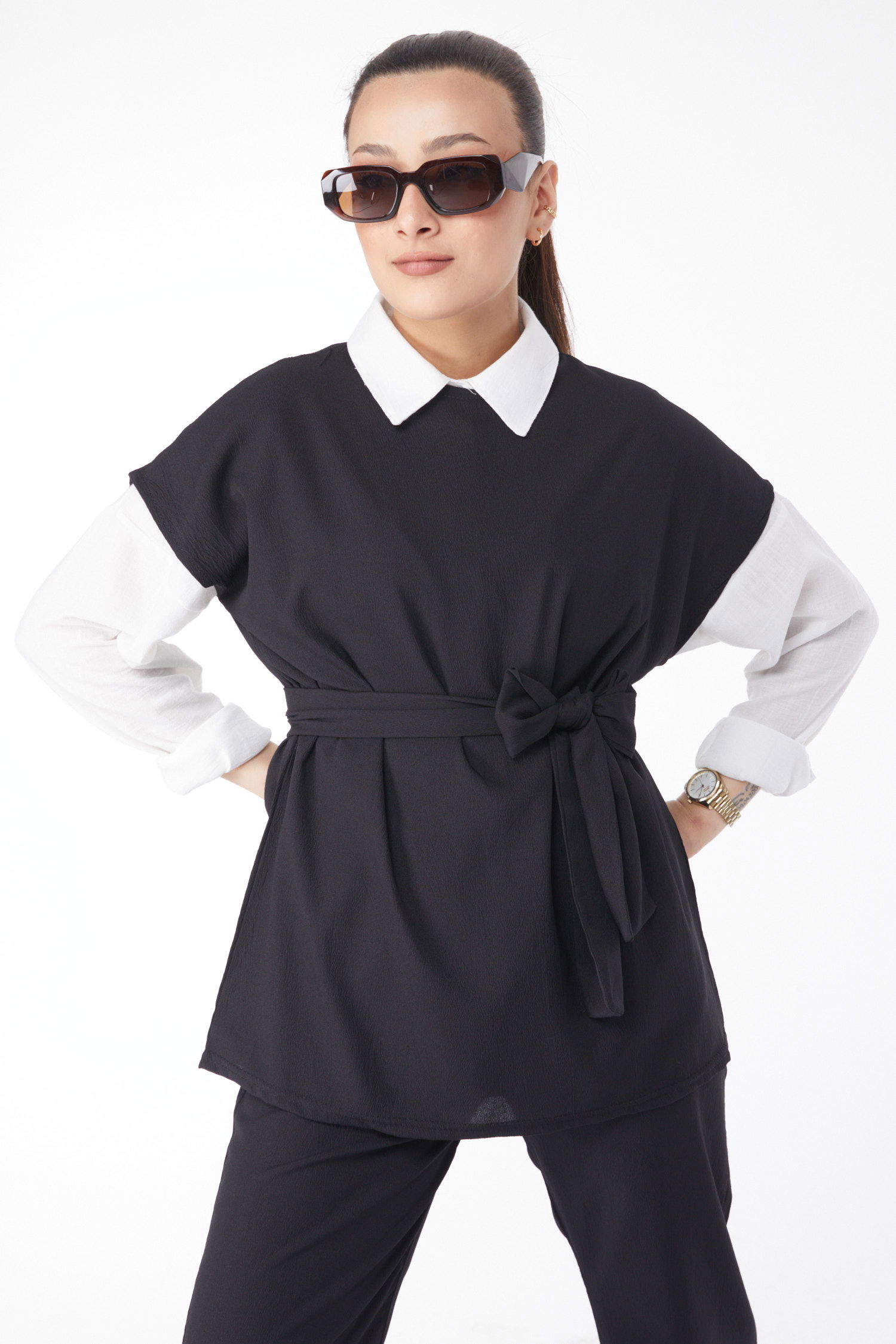 13133-SIYAH Bisiklet Yaka Kısa Kollu İkili Takım - 10