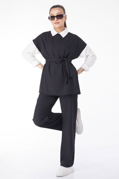 13133-SIYAH Bisiklet Yaka Kısa Kollu İkili Takım 