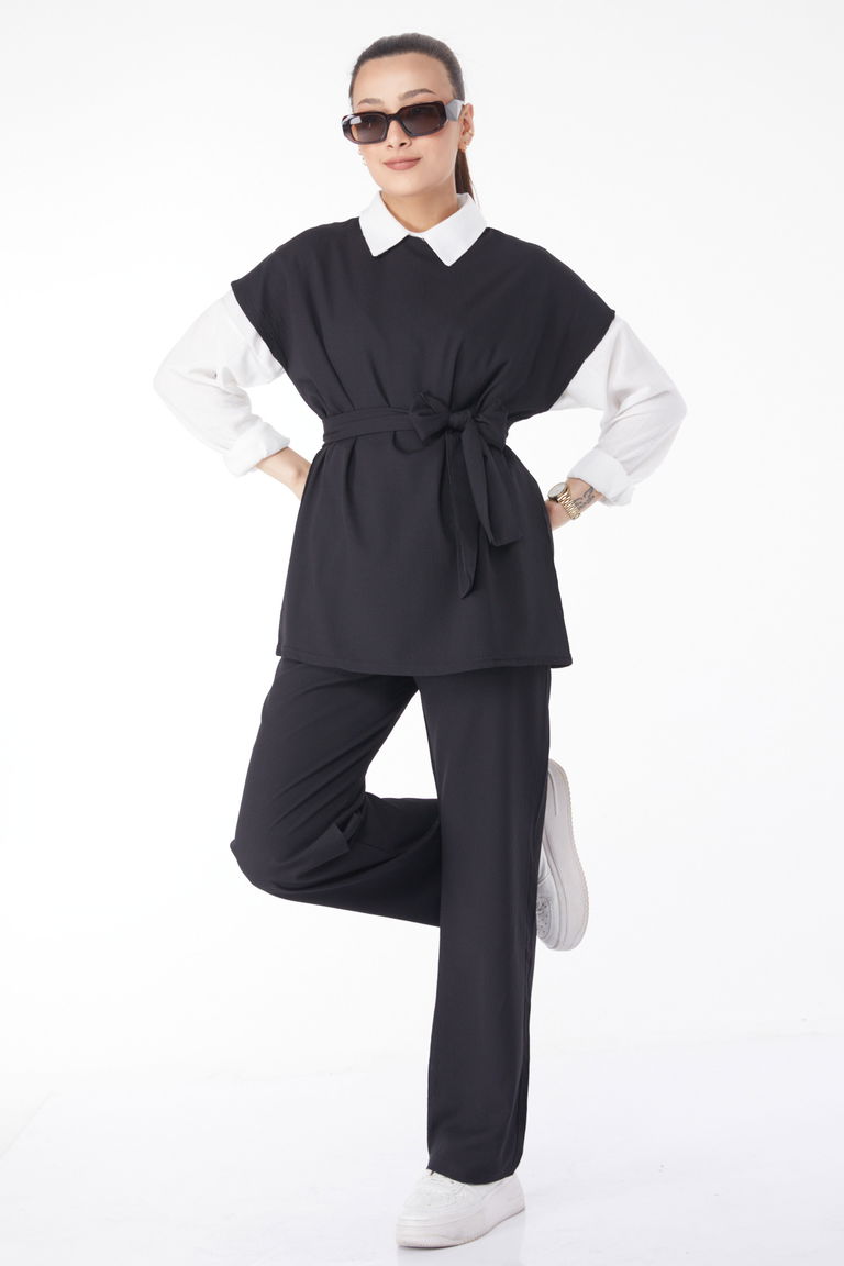 13133-SIYAH Bisiklet Yaka Kısa Kollu İkili Takım - TOFİSA