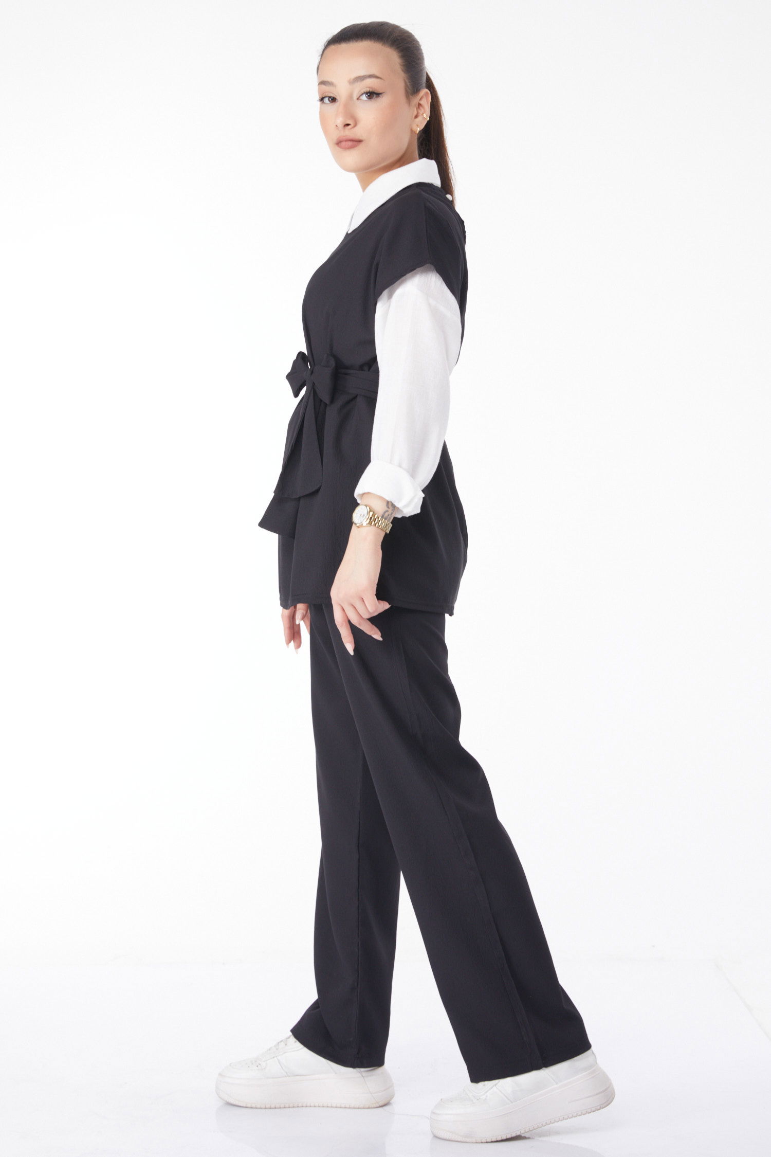 13133-SIYAH Bisiklet Yaka Kısa Kollu İkili Takım - 4