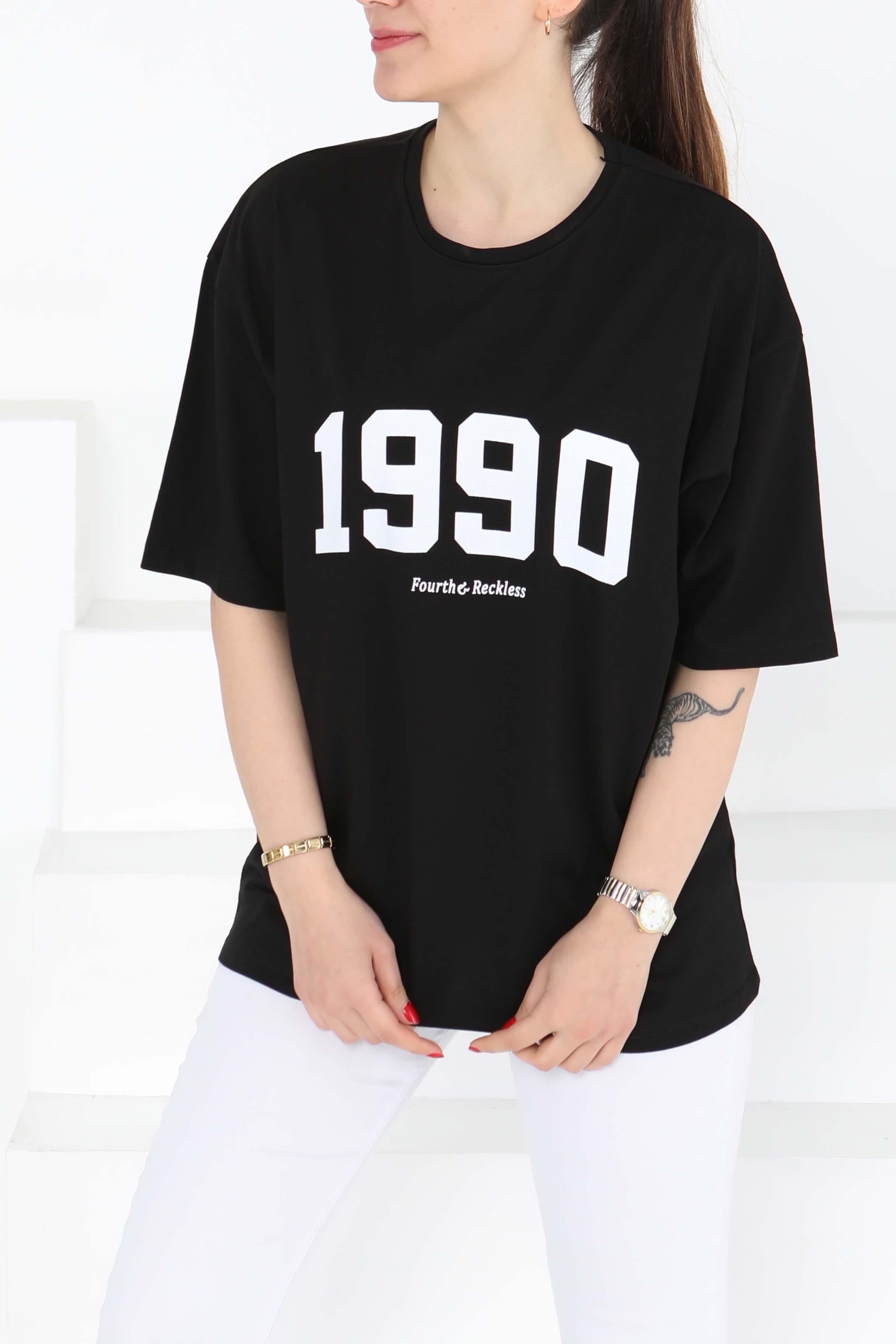 1990 Baskılı Kısa Kollu T-Şhirt Siyah - 27124 - 8