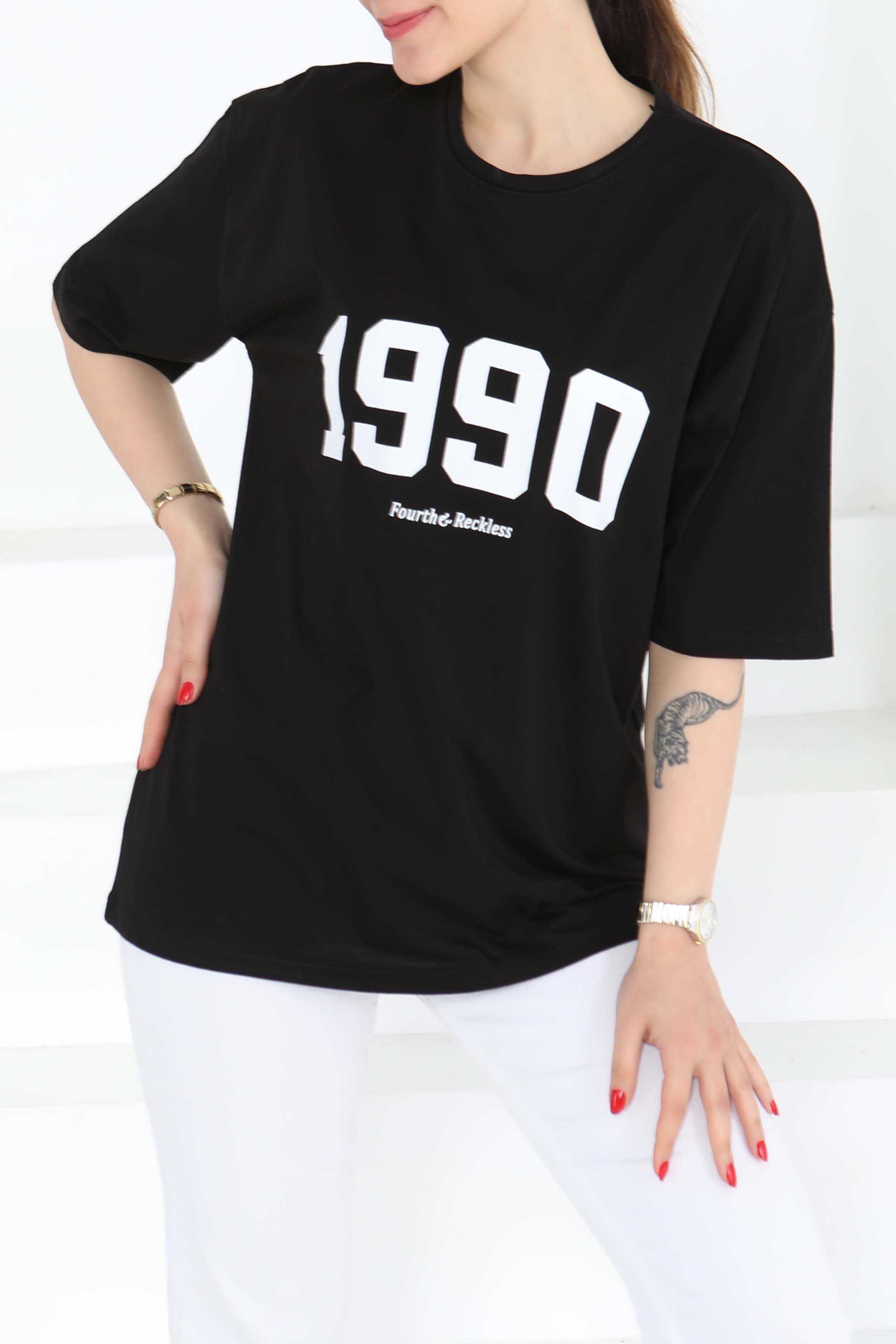 1990 Baskılı Kısa Kollu T-Şhirt Siyah - 27124 - 9