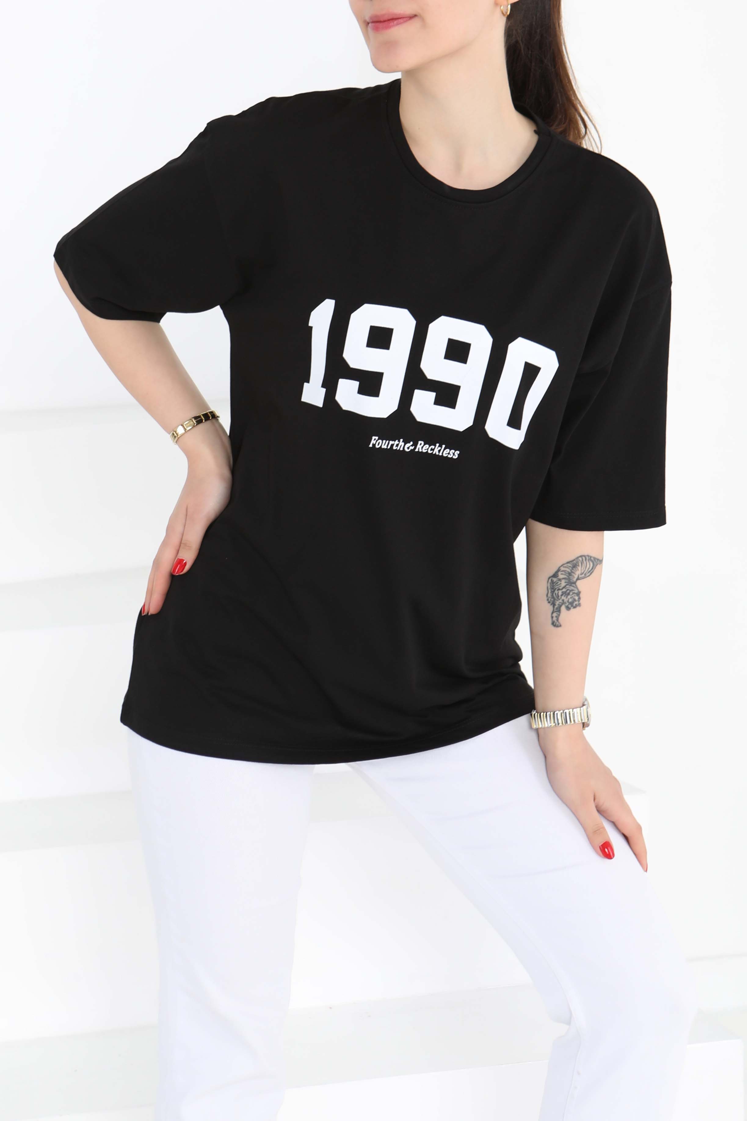 1990 Baskılı Kısa Kollu T-Şhirt Siyah - 27124 - 10