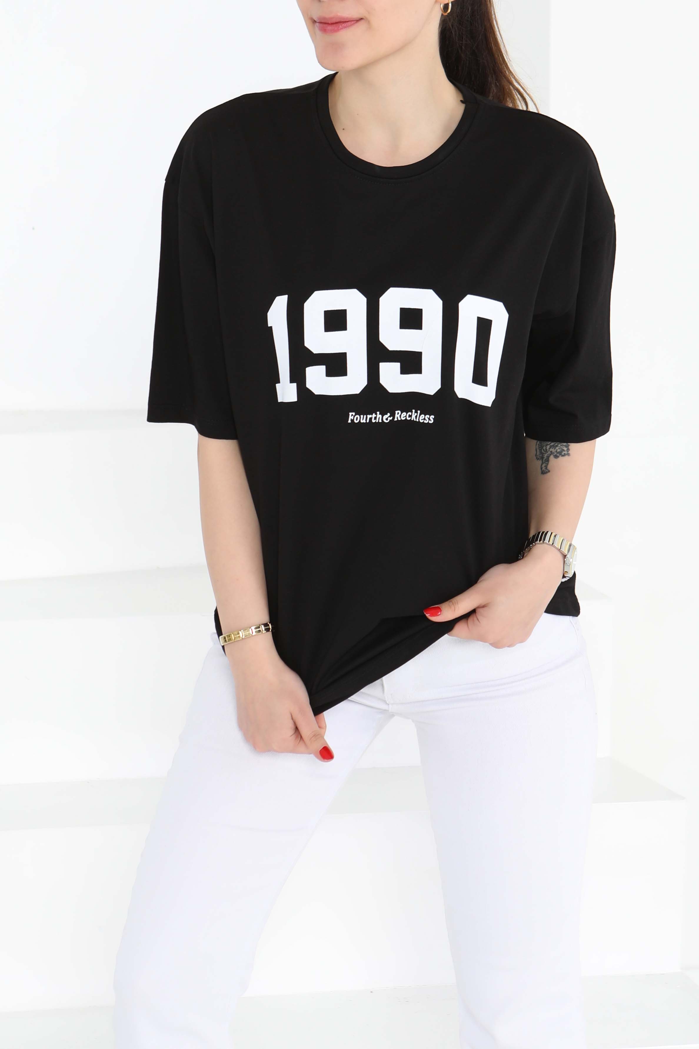 1990 Baskılı Kısa Kollu T-Şhirt Siyah - 27124 - 1