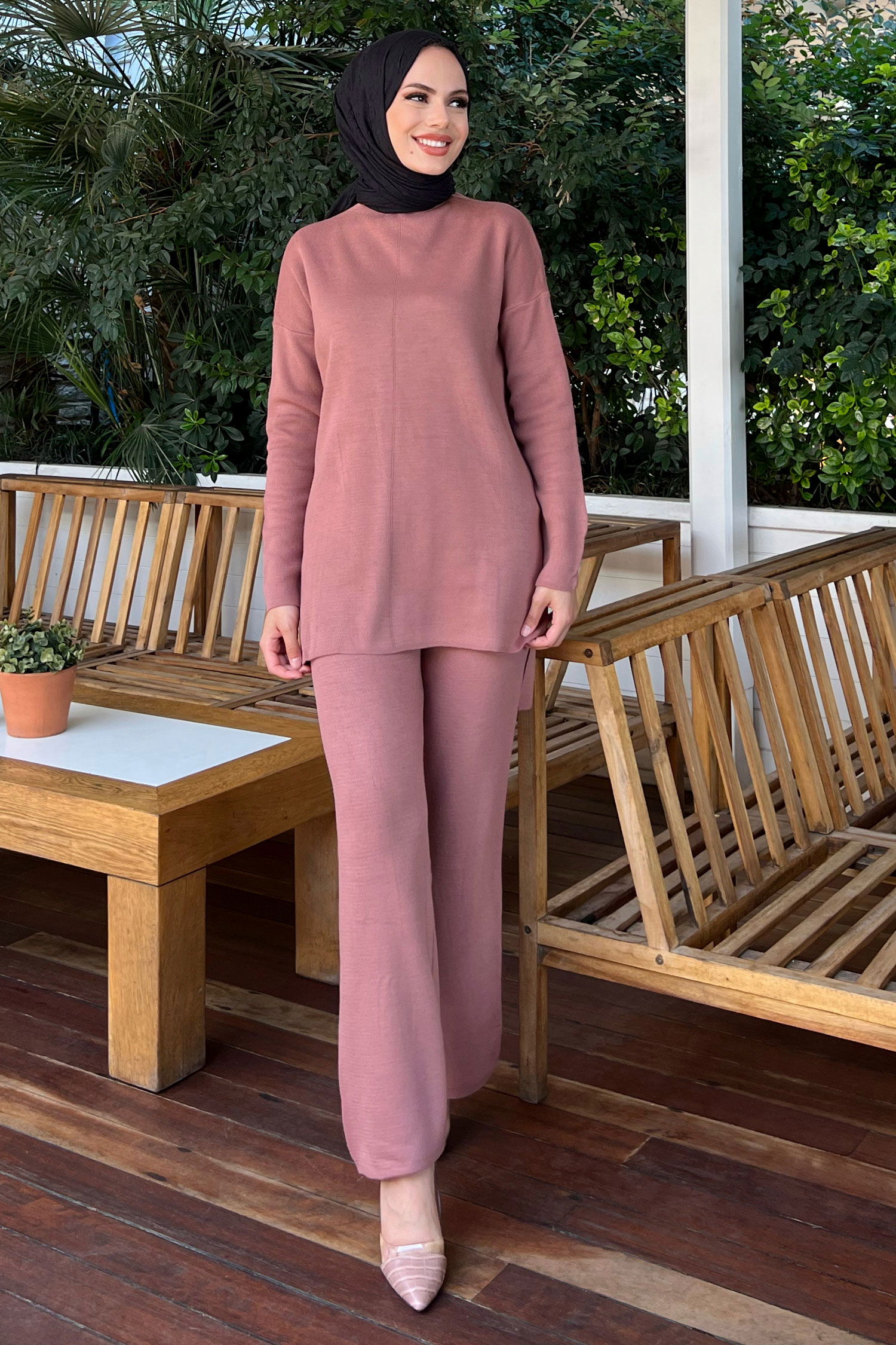 21228-GÜL Triko Tunik Pantolon - 1