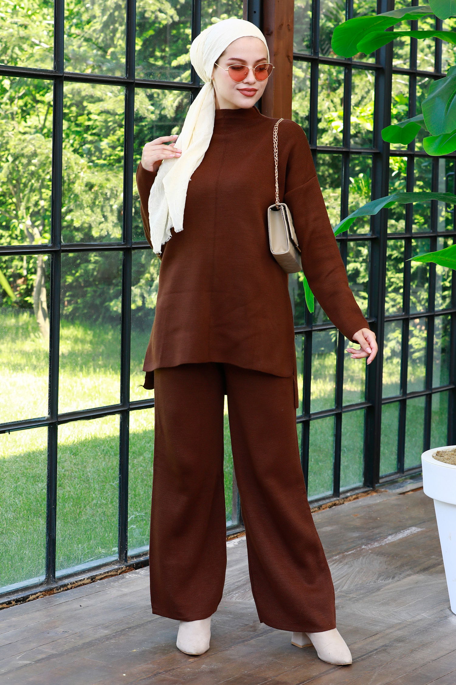 21228-KAHVE Triko Tunik Pantolon - 1