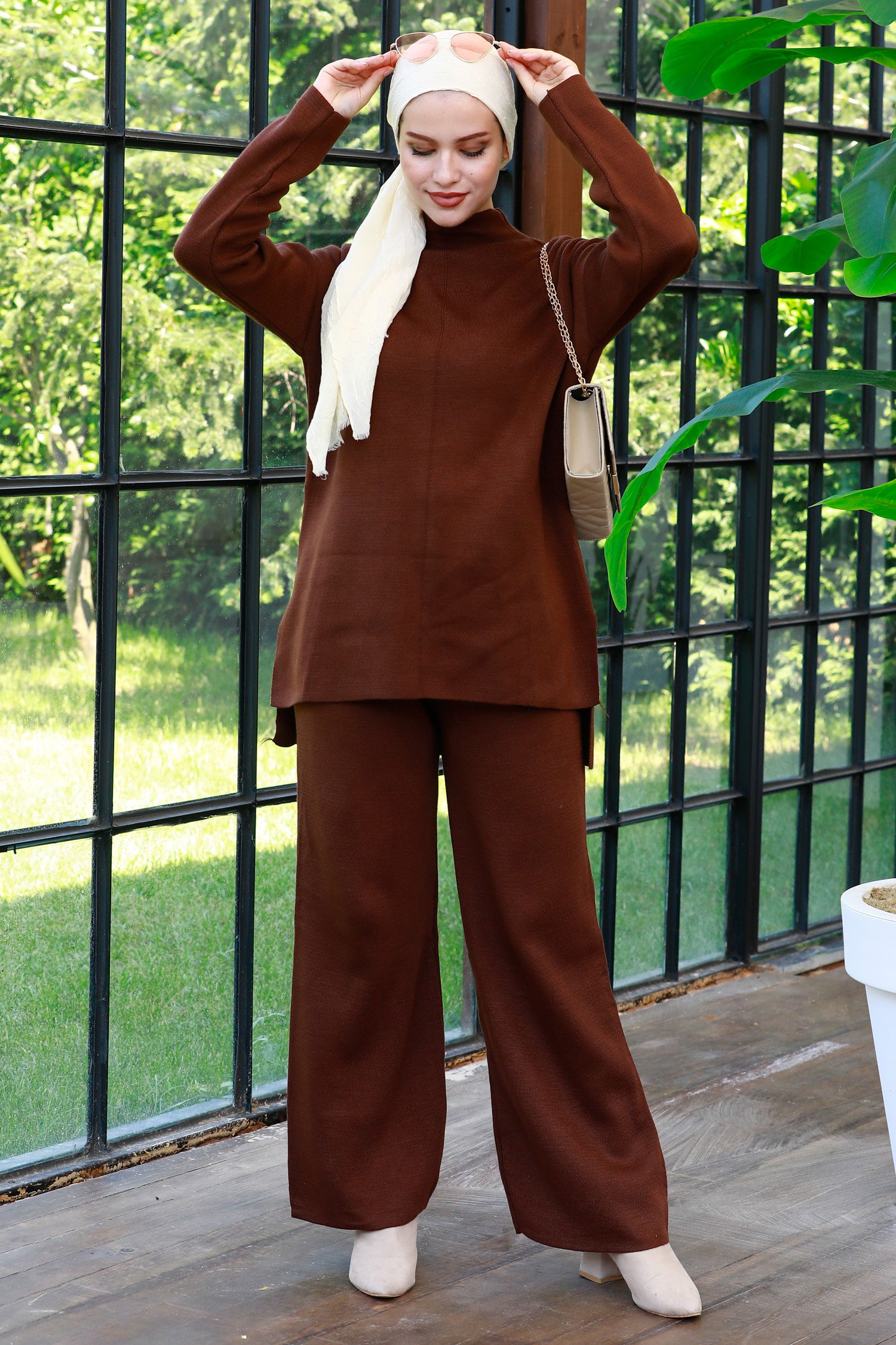 21228-KAHVE Triko Tunik Pantolon - 3