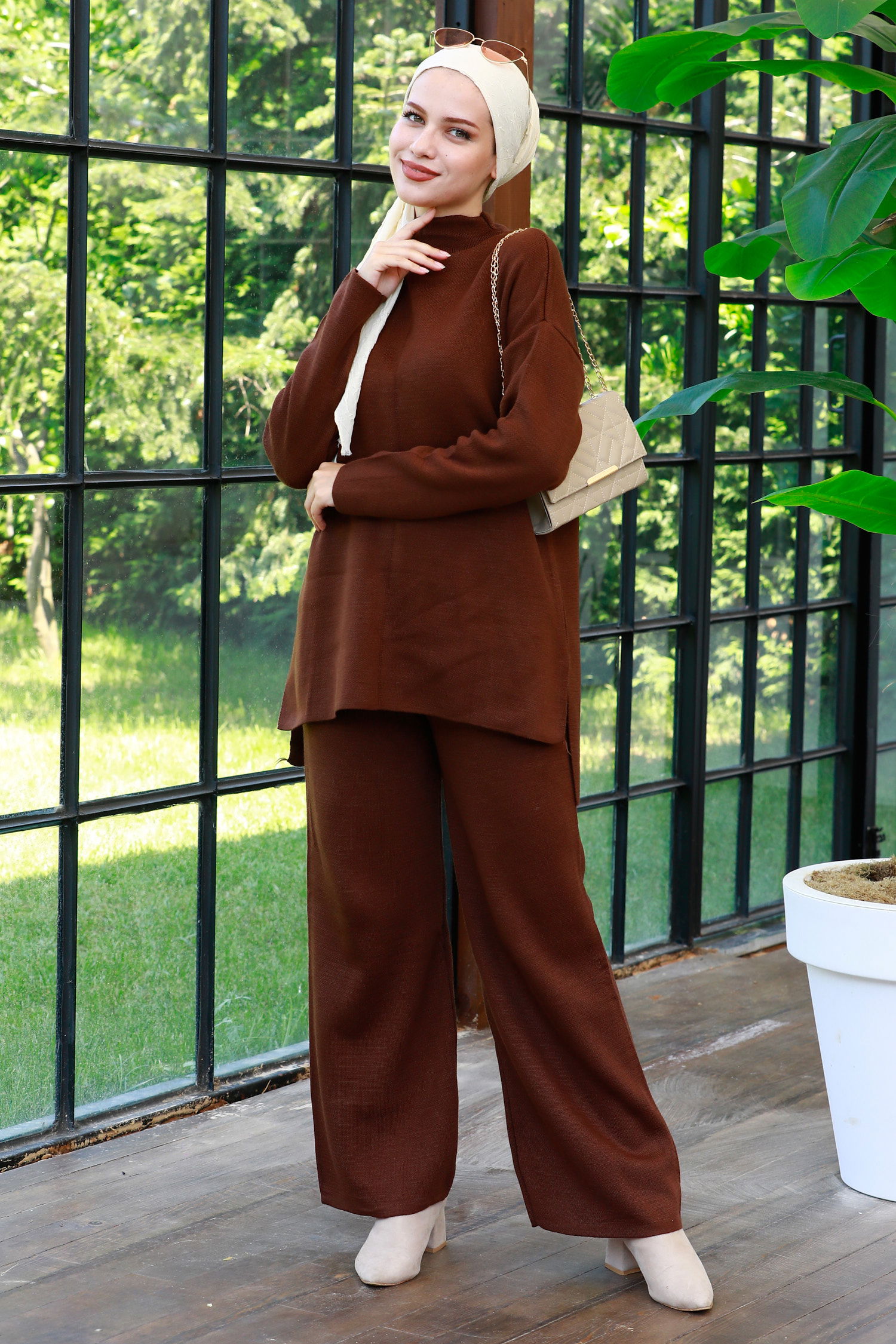 21228-KAHVE Triko Tunik Pantolon - 4