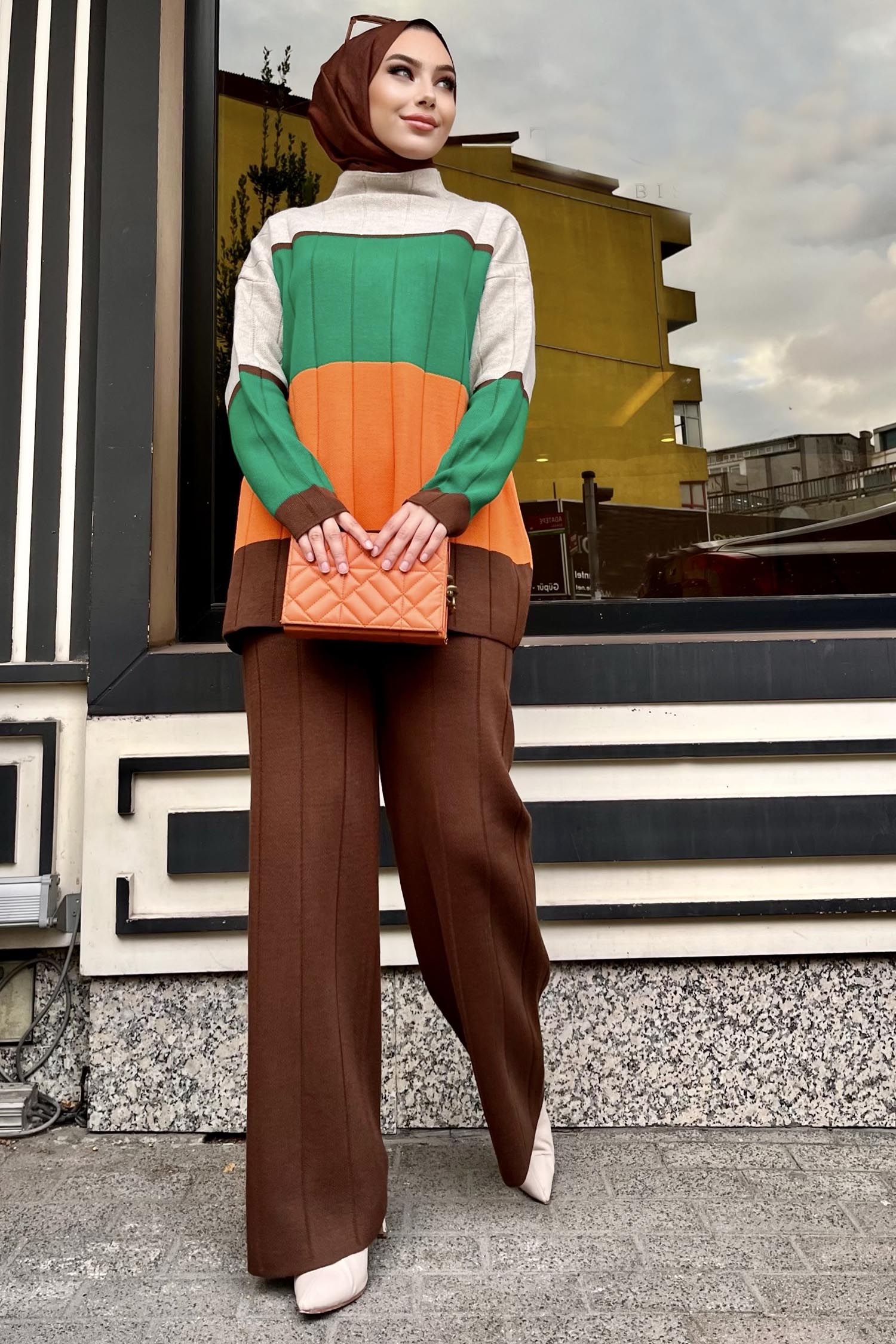 21796-KAHVE Blok Desenli Renkli Triko Takım - 2