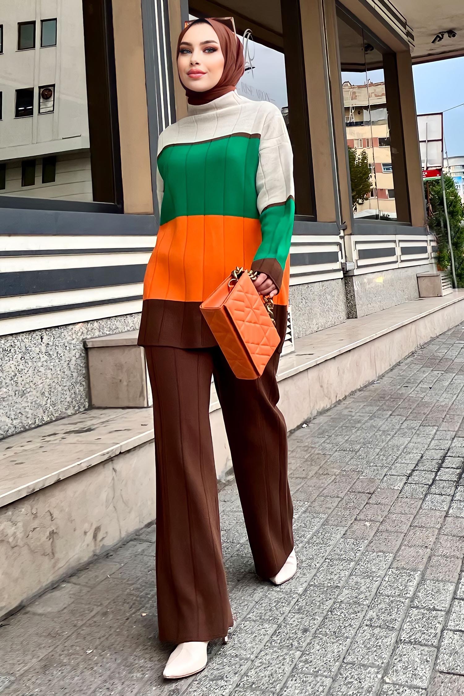 21796-KAHVE Blok Desenli Renkli Triko Takım - 4