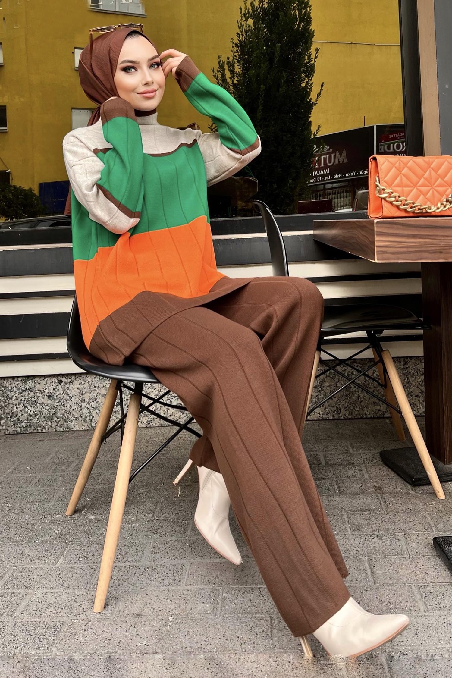 21796-KAHVE Blok Desenli Renkli Triko Takım - 3