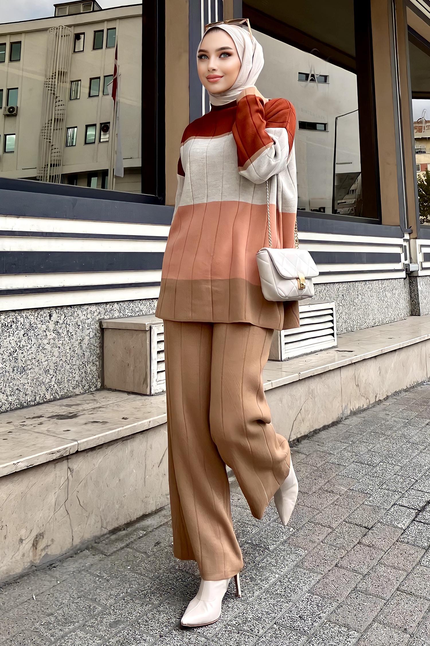 21796-VIZON Blok Desenli Renkli Triko Takım - 2