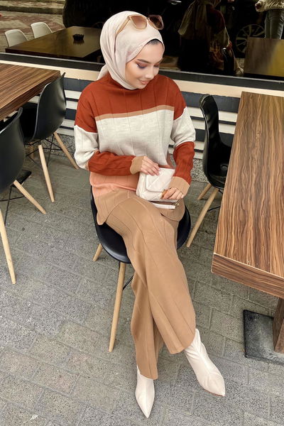 21796-VIZON Blok Desenli Renkli Triko Takım 