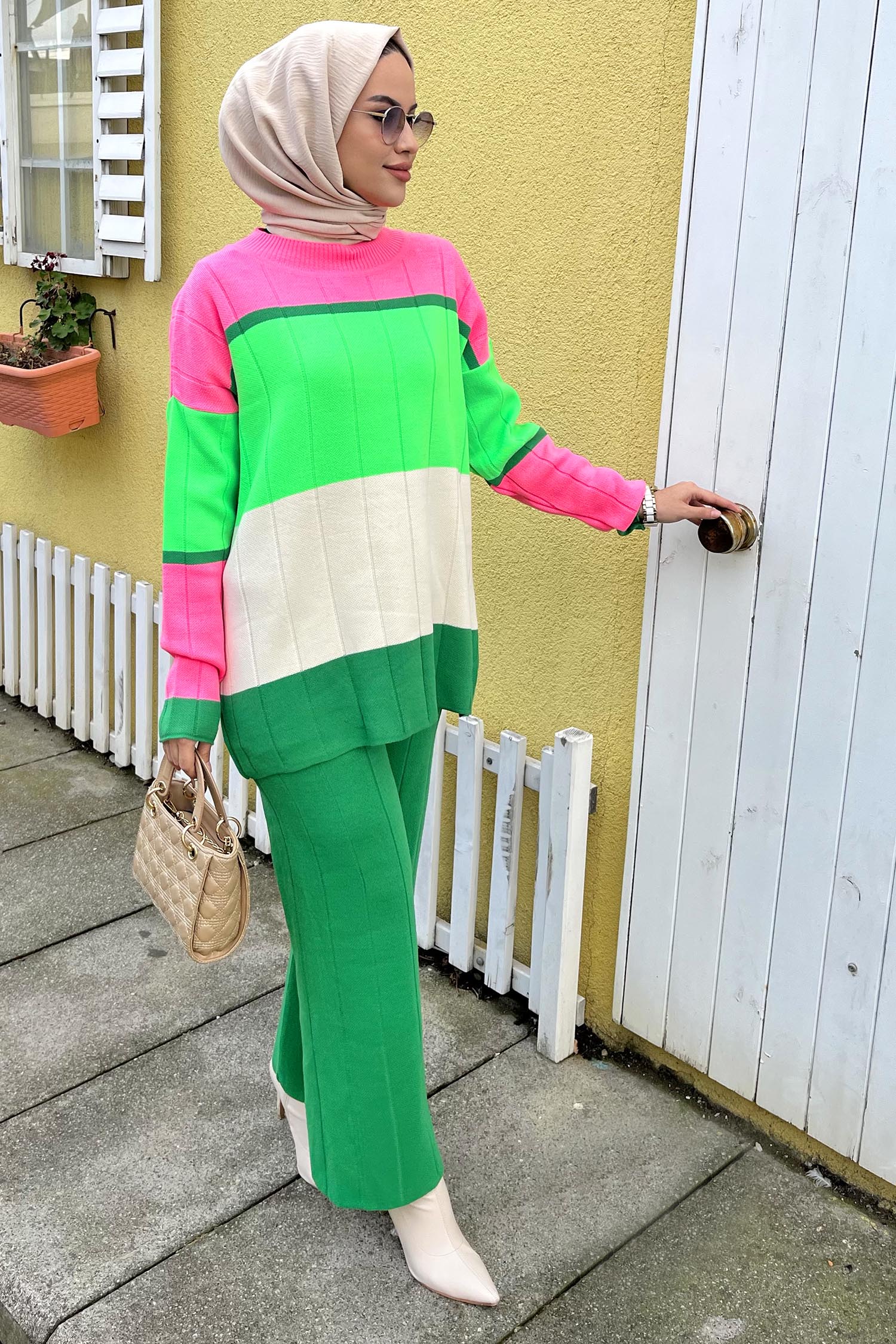 21796-YESIL Blok Desenli Renkli Triko Takım - 2