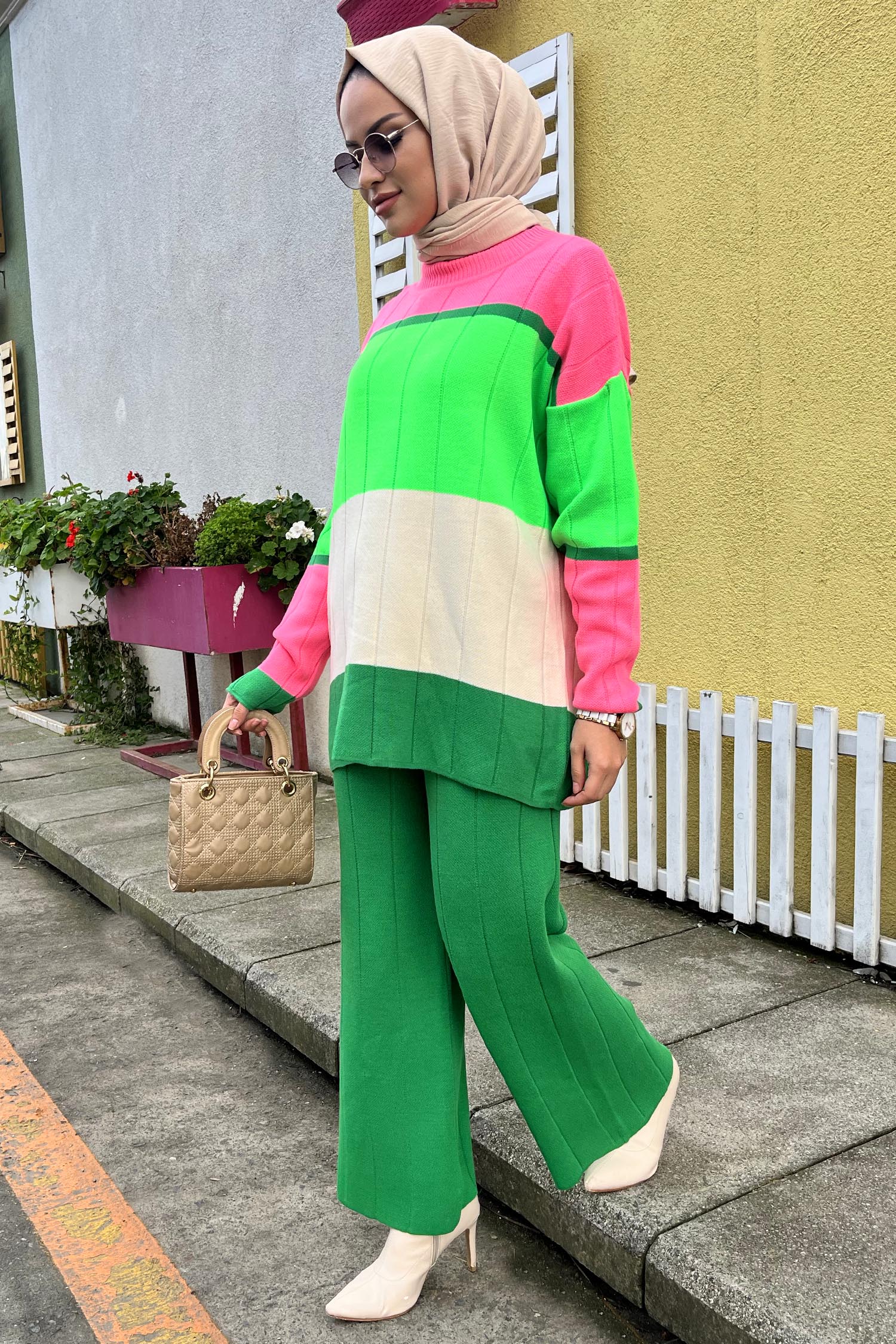 21796-YESIL Blok Desenli Renkli Triko Takım - 3