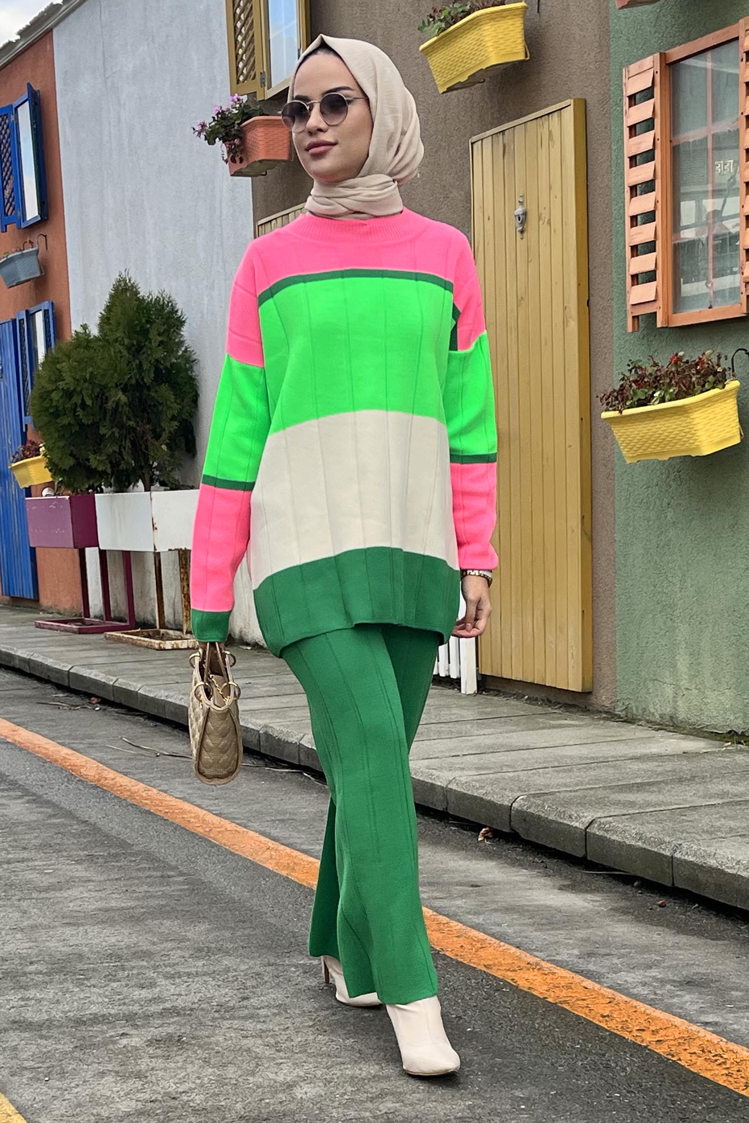 21796-YESIL Blok Desenli Renkli Triko Takım - 4