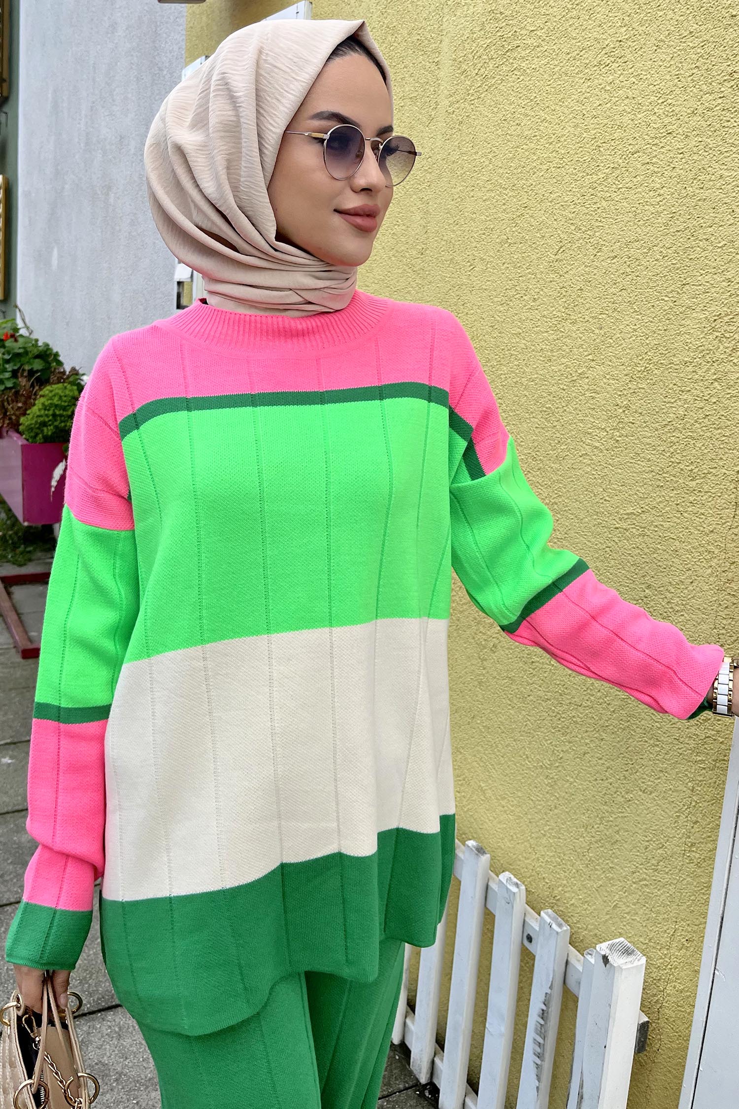 21796-YESIL Blok Desenli Renkli Triko Takım - 5