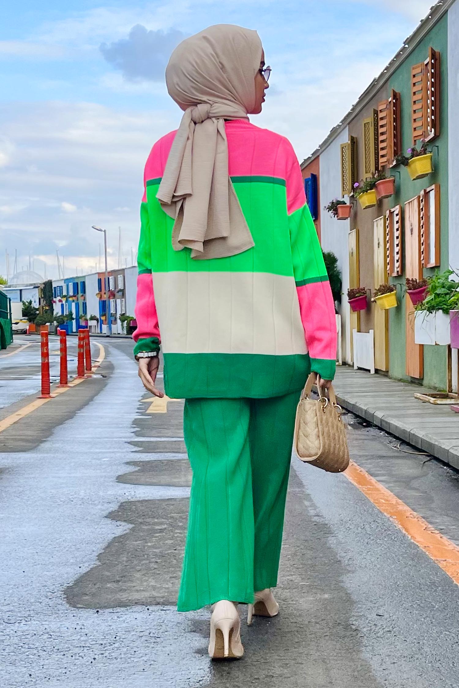 21796-YESIL Blok Desenli Renkli Triko Takım - 6