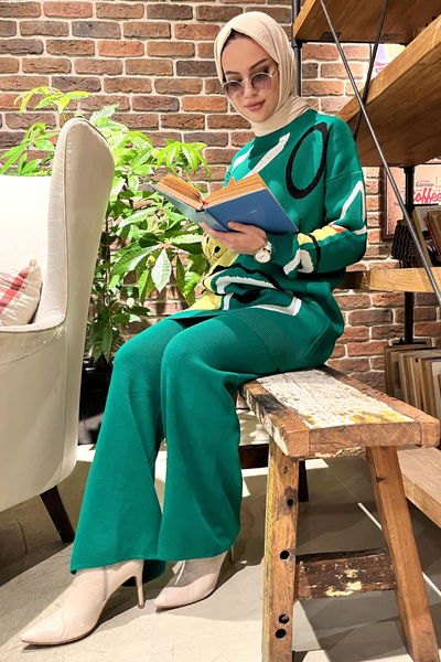 21800-YESIL Triko Tunik Pantolon 