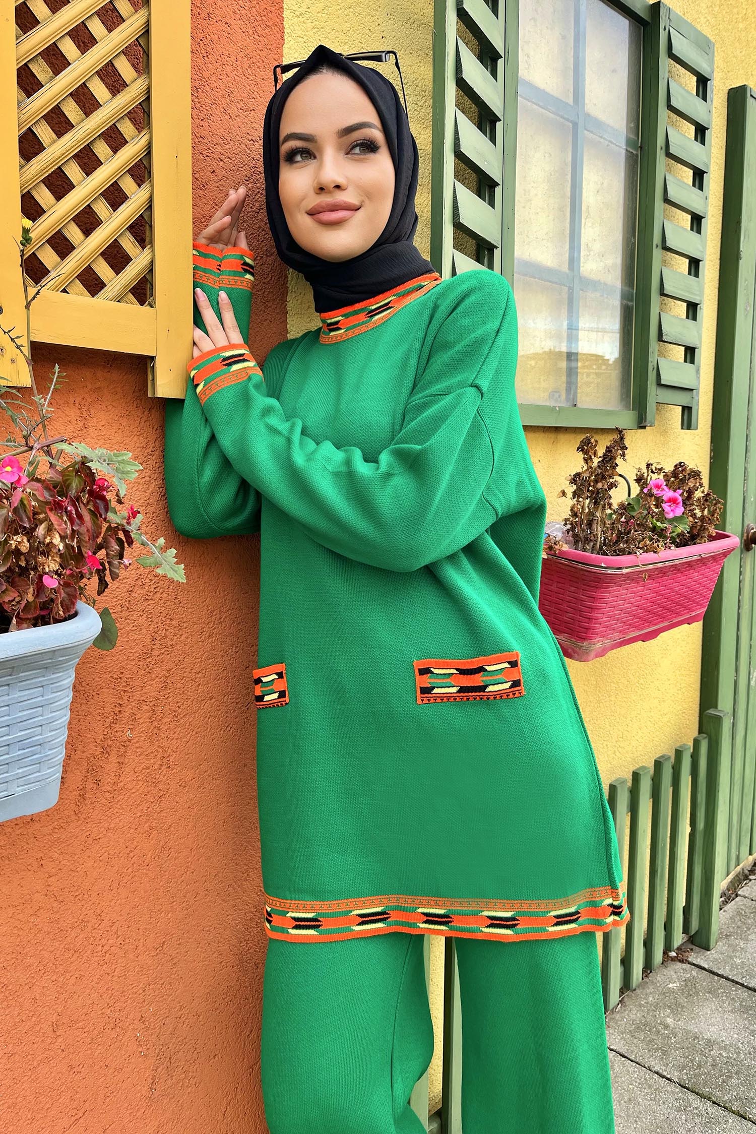 21802-YESIL Triko Tunik Pantolon - 1