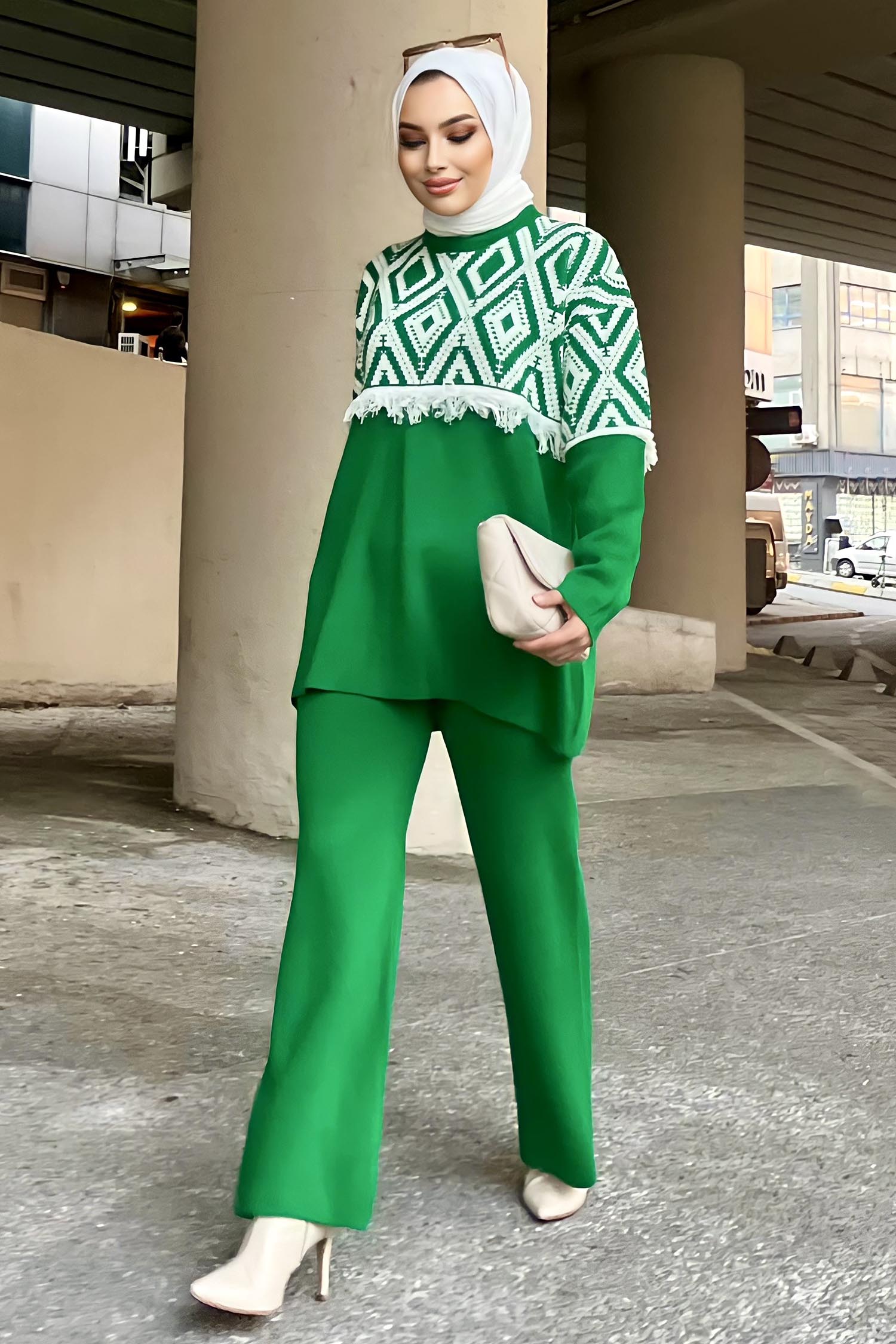 21808-YESIL Triko Tunik Pantolon - 1