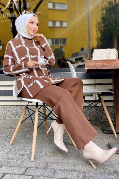 21831-KAHVE Triko Tunik Pantolon 
