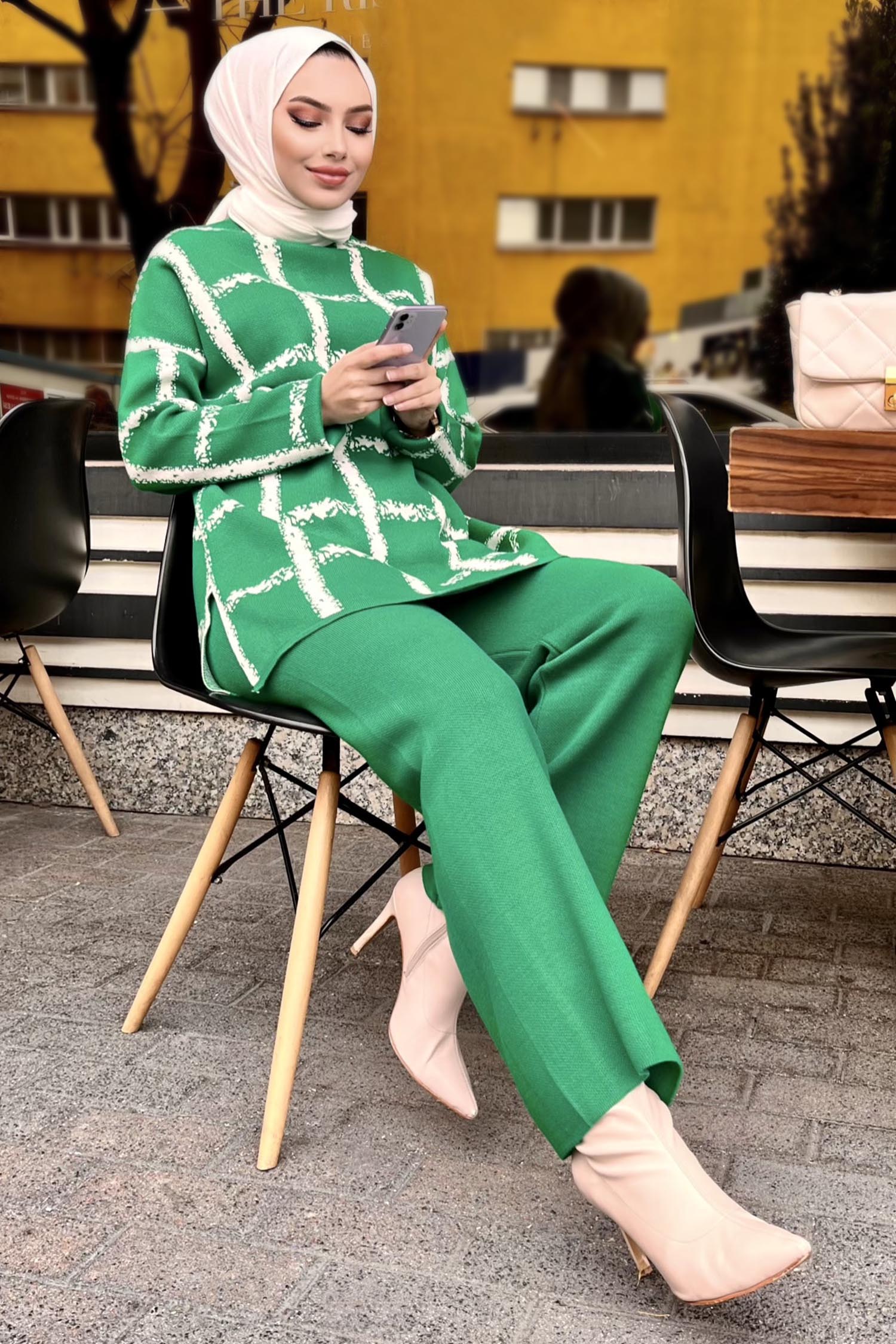 21831-YESIL Triko Tunik Pantolon - 1