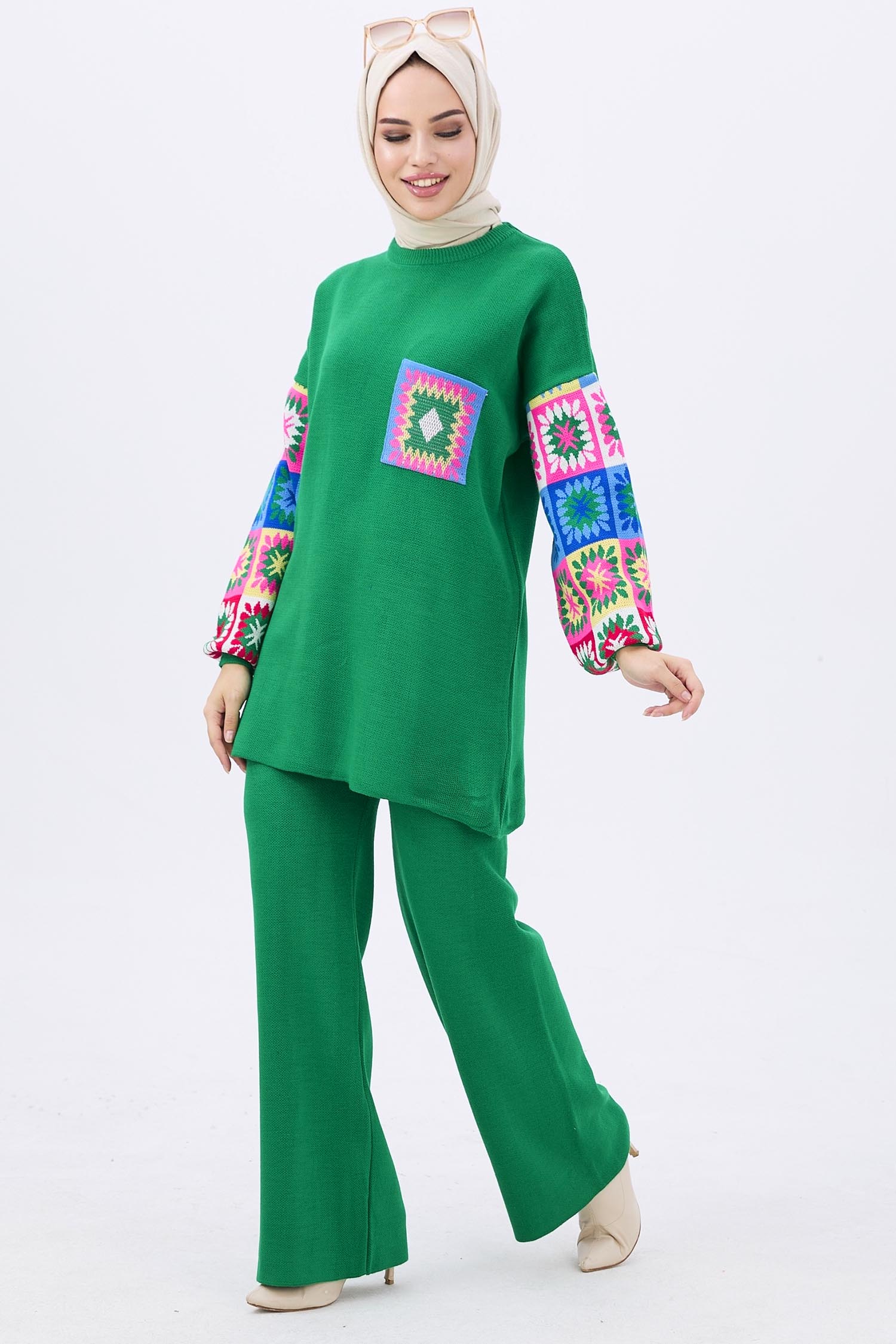21833-YESIL Triko Tunik Pantolon - 2