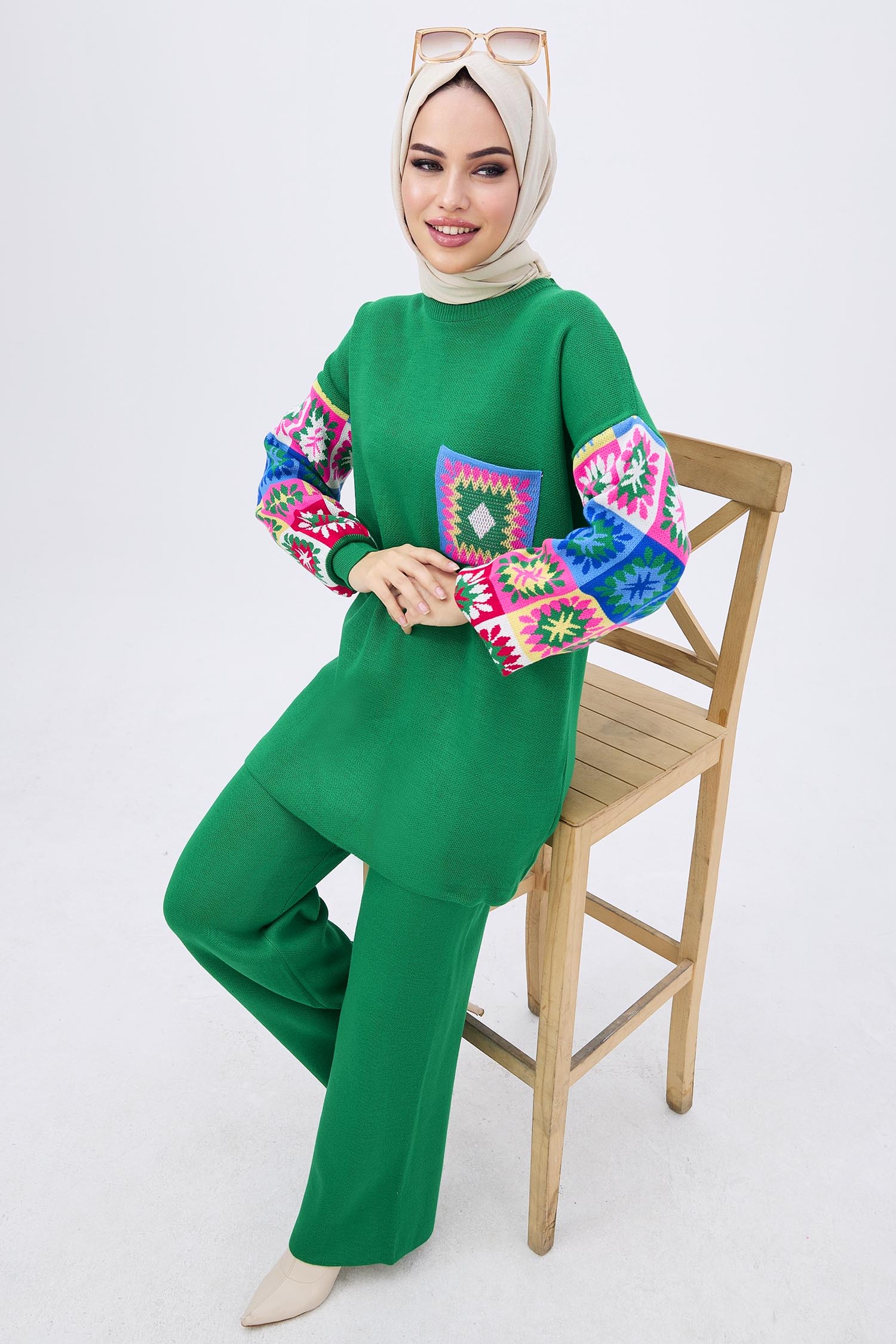21833-YESIL Triko Tunik Pantolon - 3