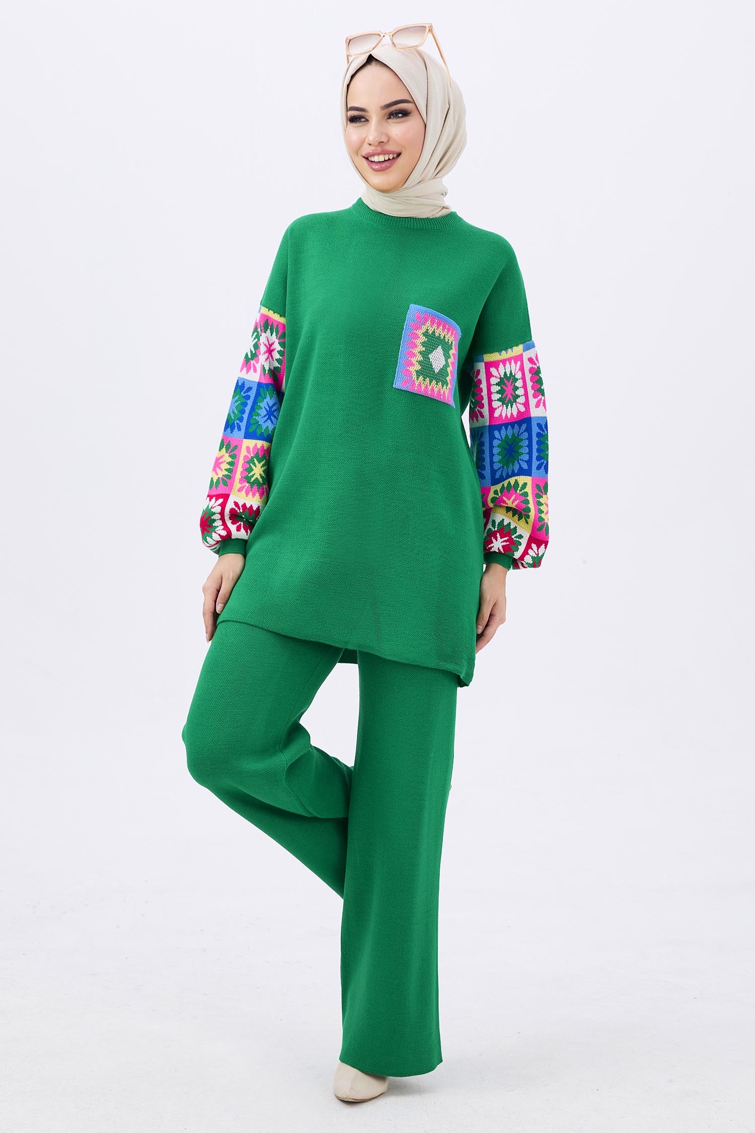 21833-YESIL Triko Tunik Pantolon - 4