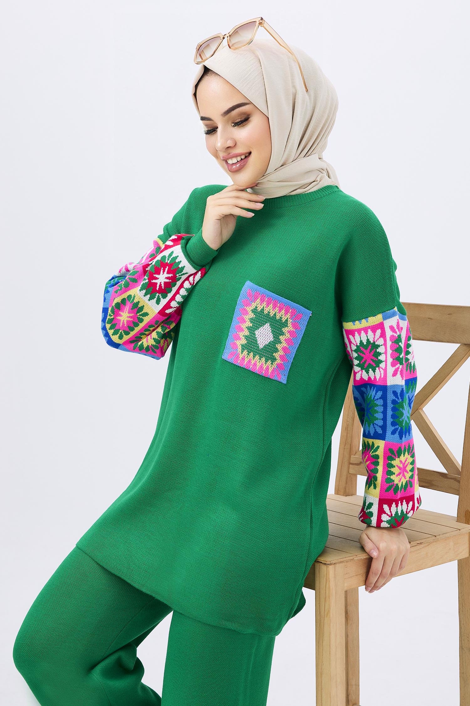 21833-YESIL Triko Tunik Pantolon - 5