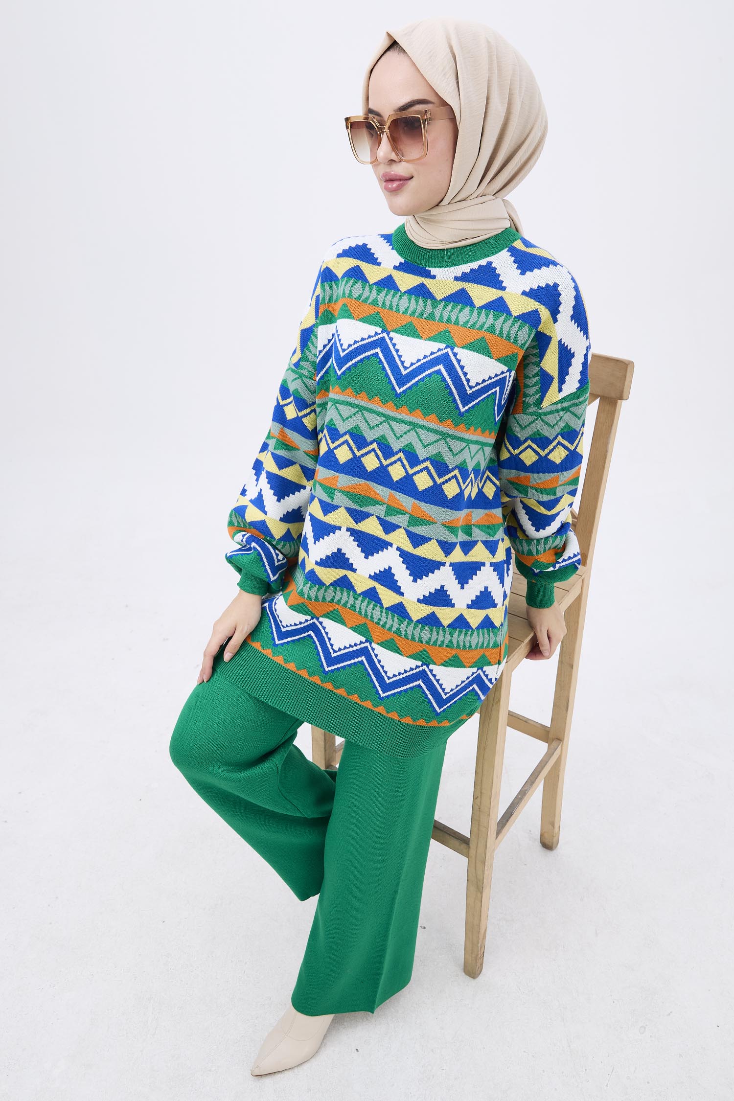 21834-YESIL Etnik Desen Triko Takım - 1