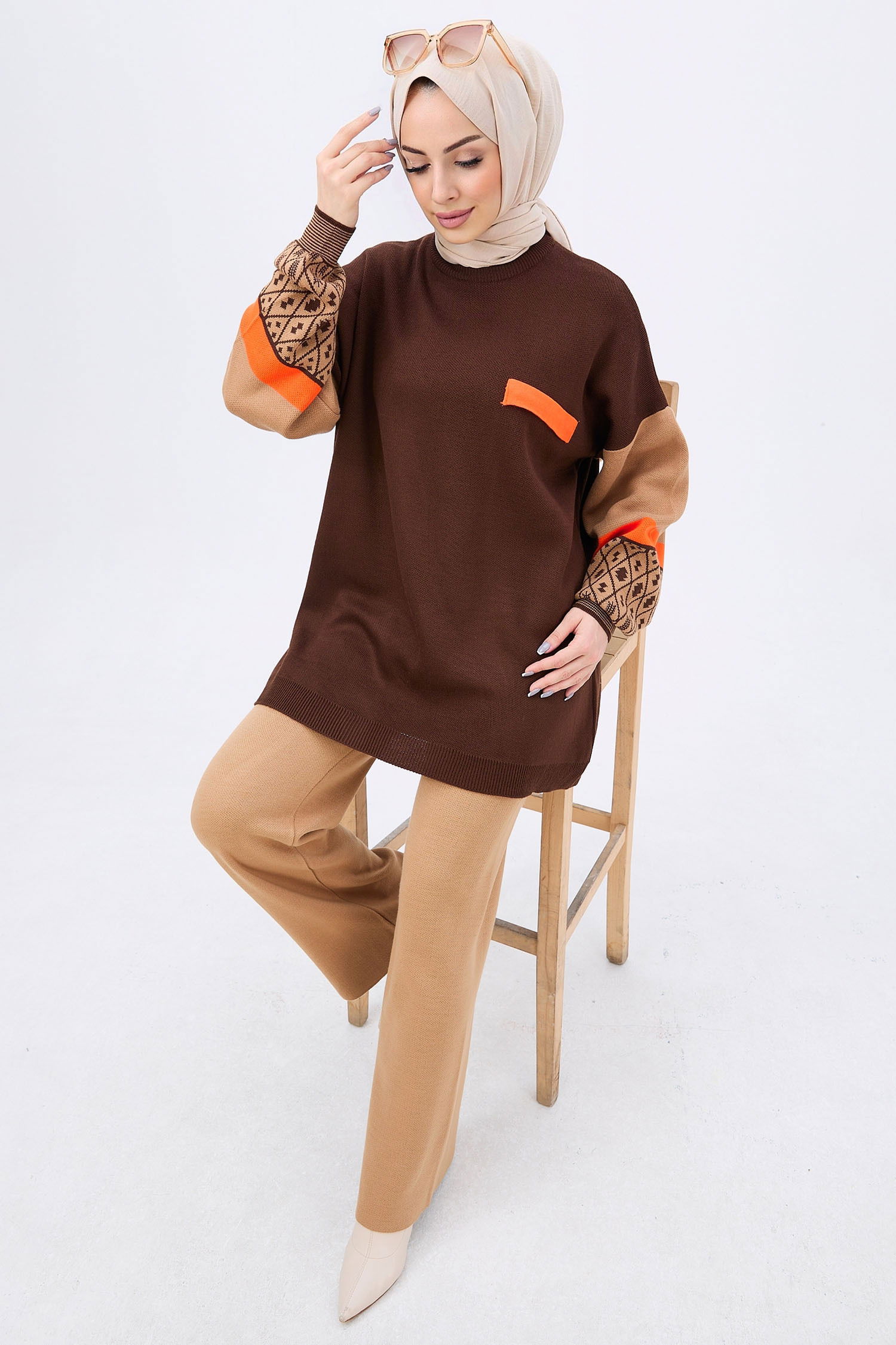 21840-KAHVE Triko Tunik Pantolon - 2