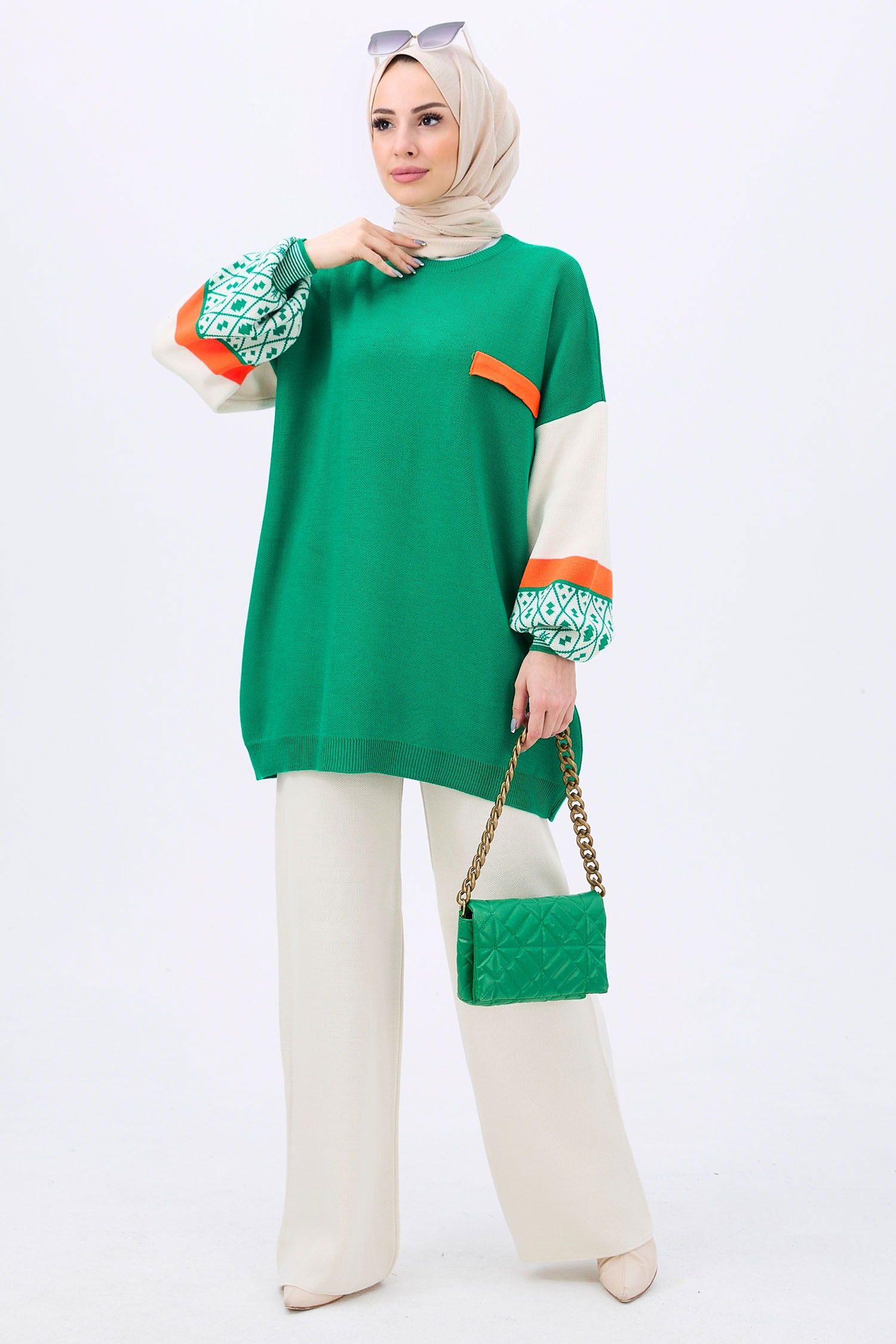 21840-YESIL Triko Tunik Pantolon - 1