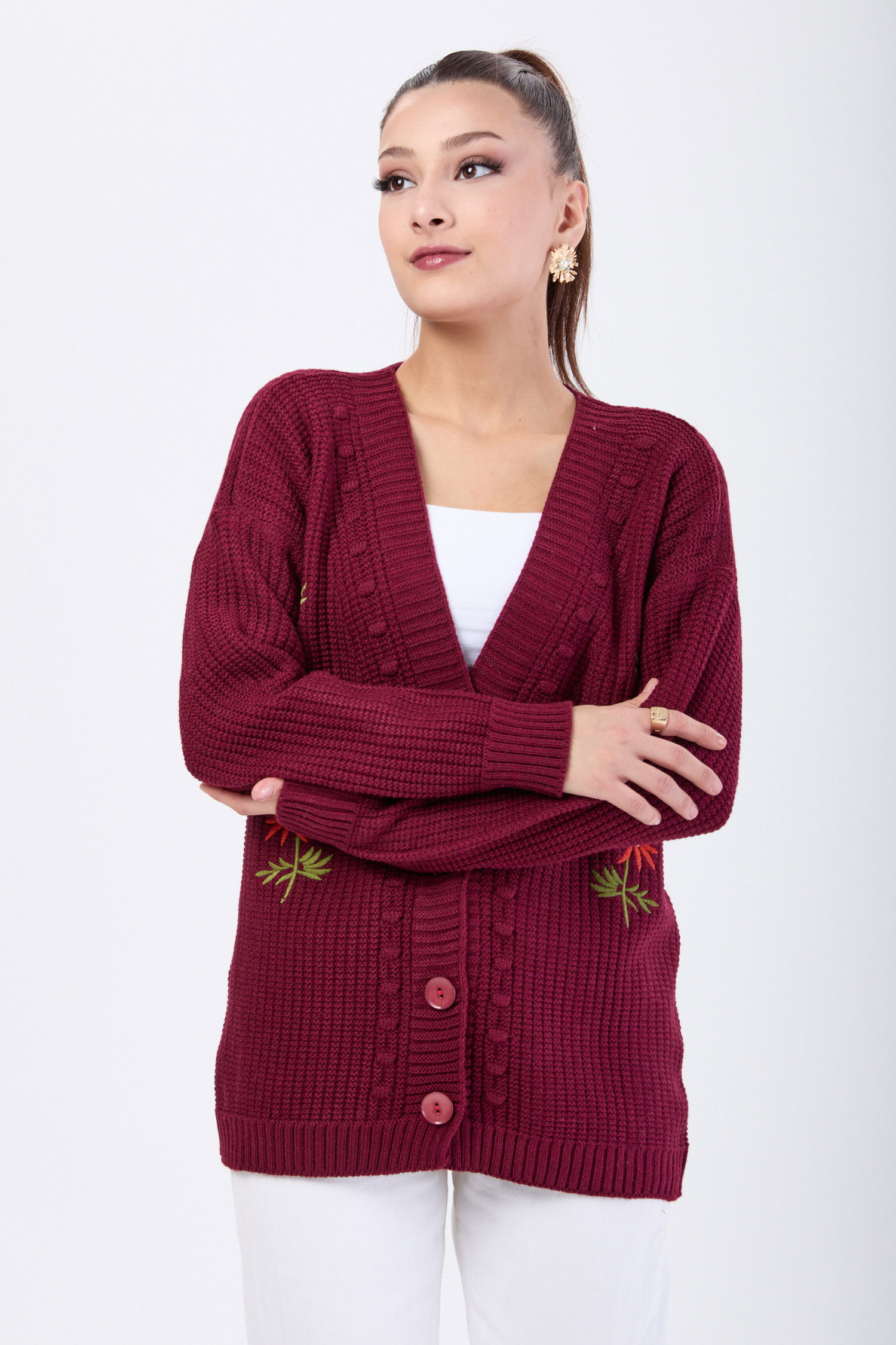 23088-BORDO Triko Hırka - 1