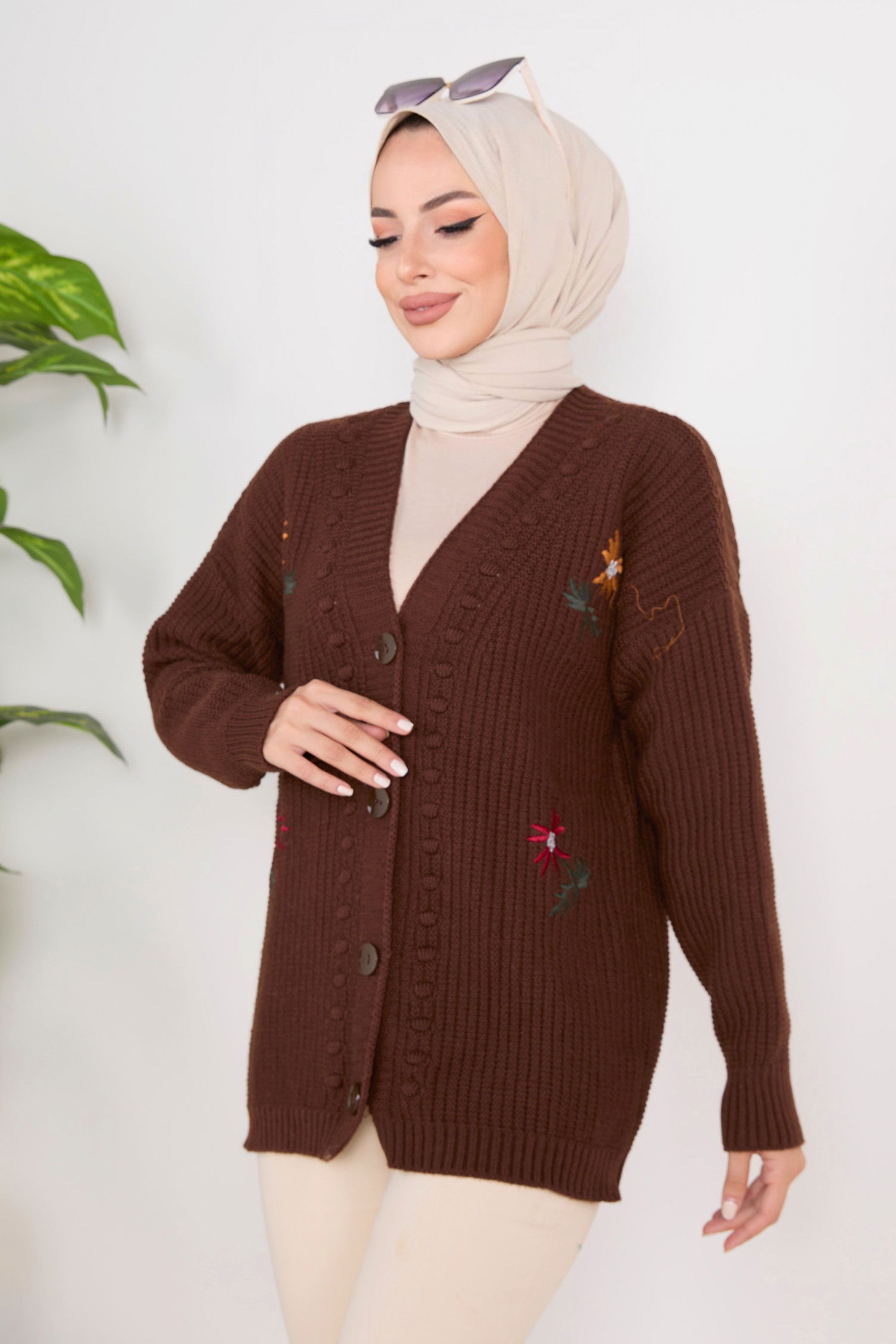 23088-KAHVE Triko Hırka - 1