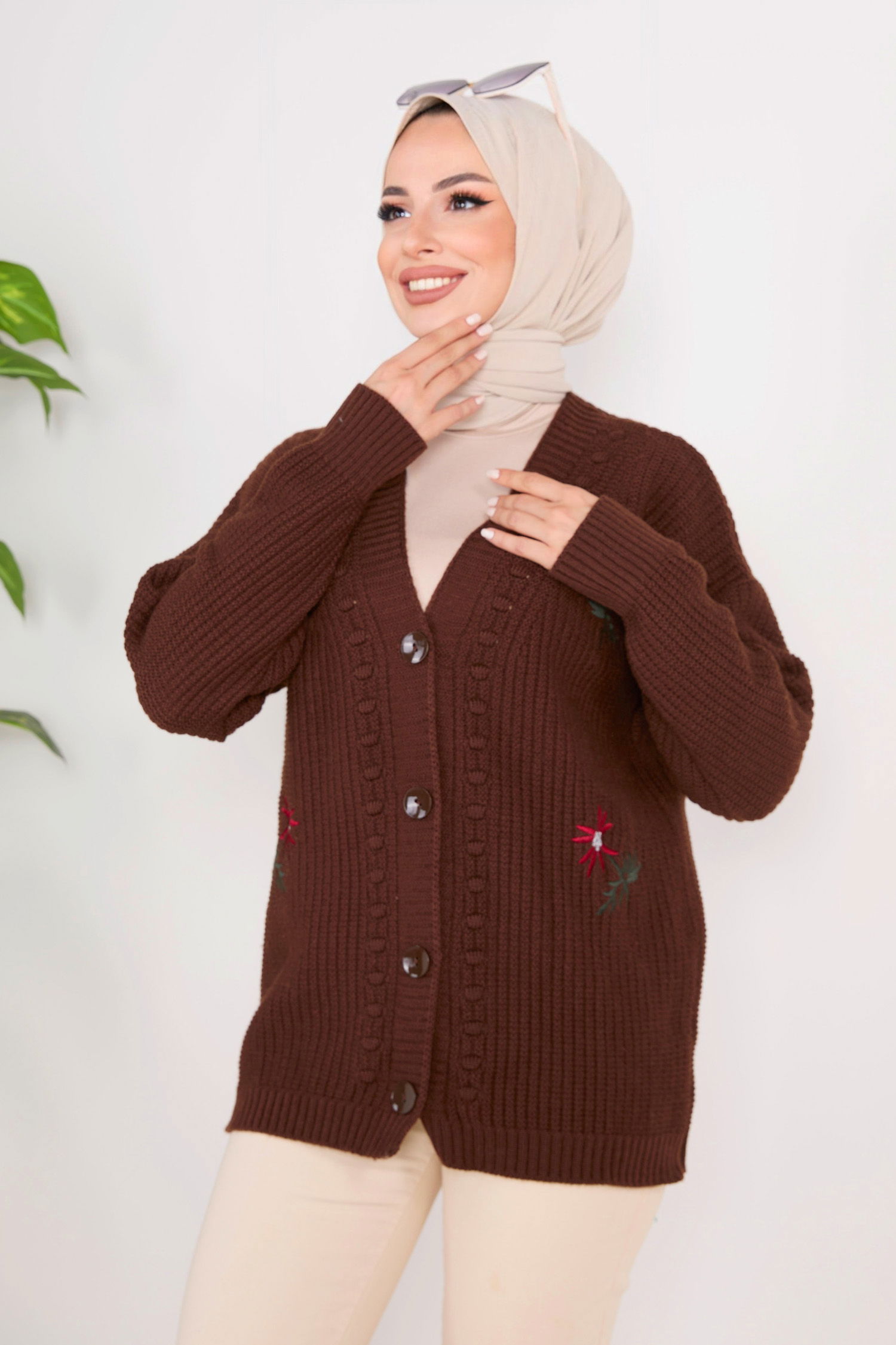 23088-KAHVE Triko Hırka - 2