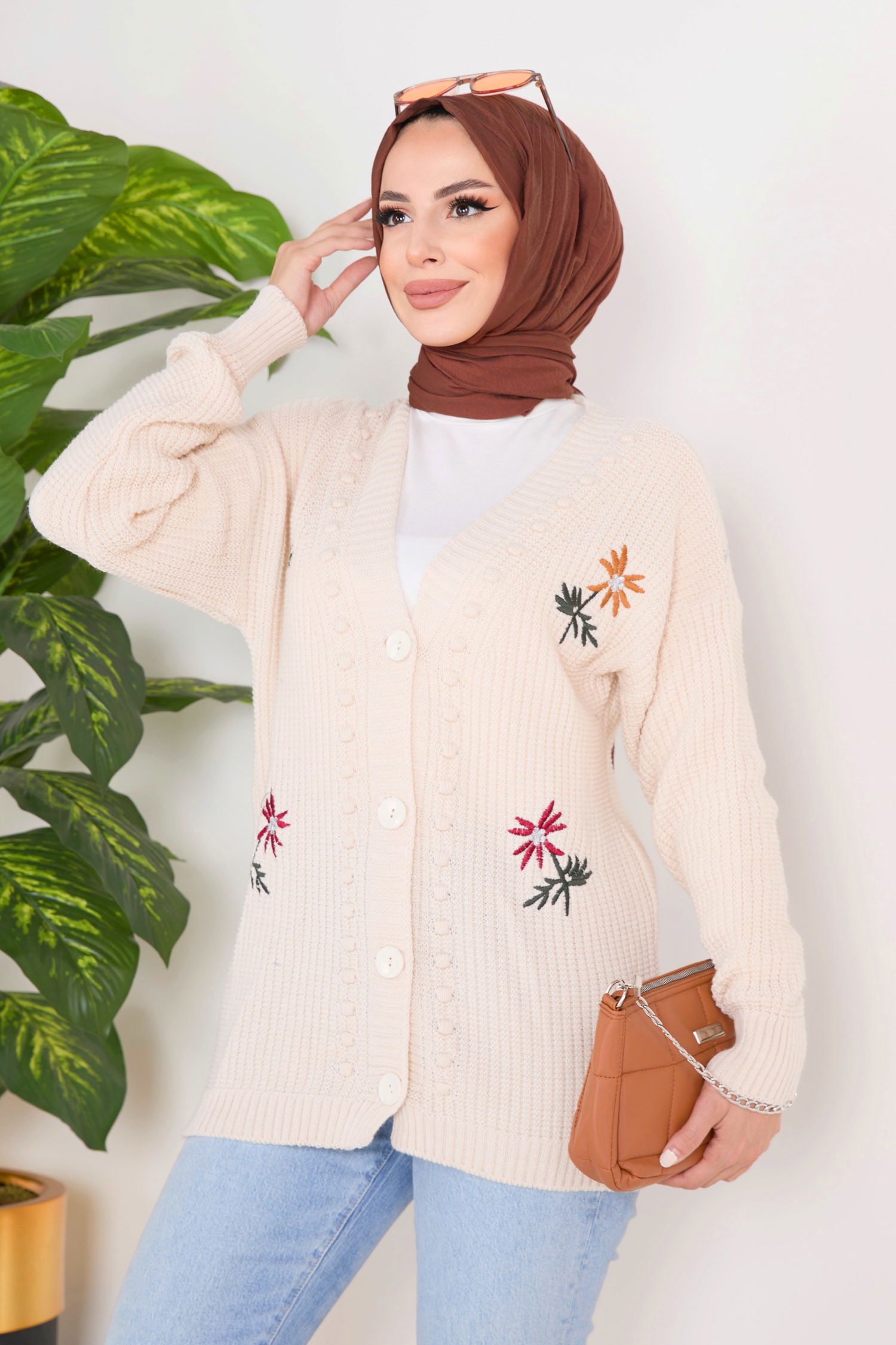 23088-KREM Triko Hırka - 1